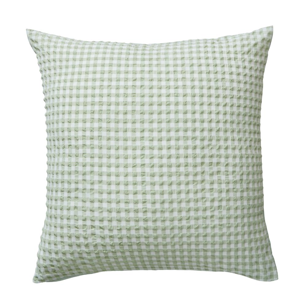 Morgan and Reid Gingham Eucalyptus European Pillowcase Pair on a styled bed with matching comforter
