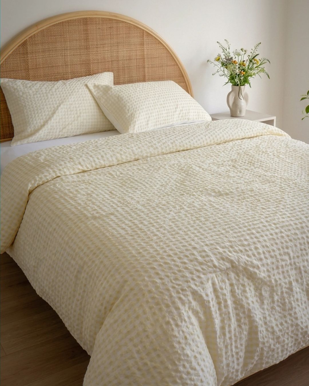 Neatly made bed with textured bedding, pillows, and a wooden headboard in a bedroom setting.