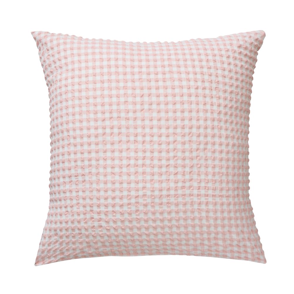 Morgan and Reid Gingham Strawberry Whip European Pillowcase Pair on a styled bed with matching comforter