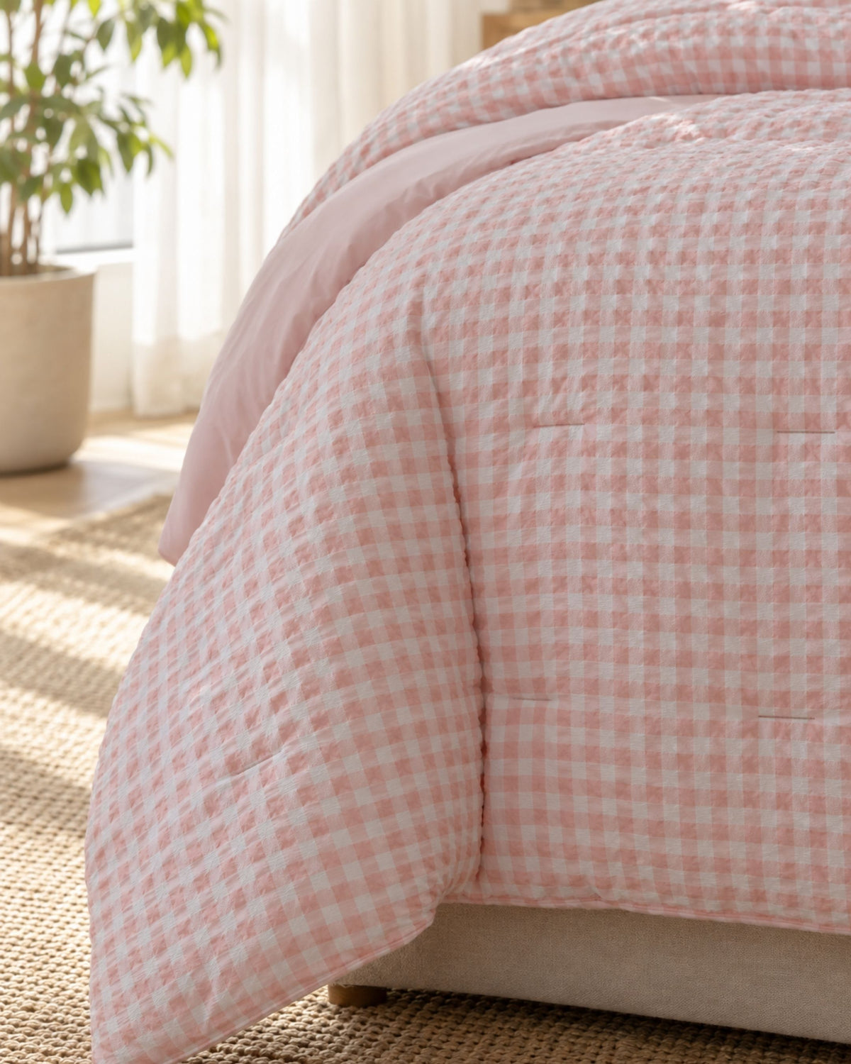 A close-up of a pink and white gingham patterned quilted comforter draped over a bed in a softly lit bedroom setting.