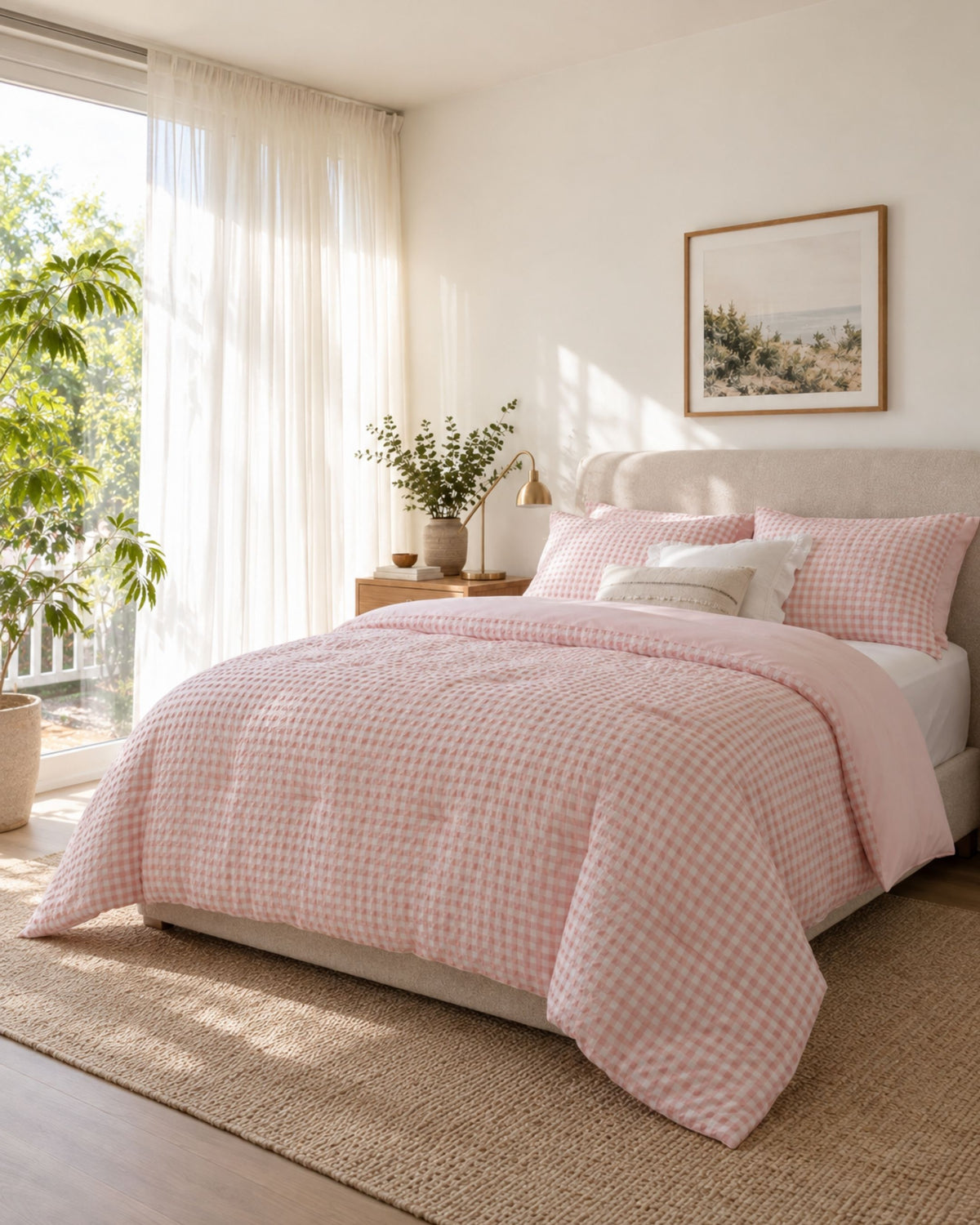 A neatly made bed in a bright bedroom featuring a light pink and white gingham checkered comforter and matching pillows, styled with a beige upholstered headboard, a woven rug, and soft natural light from a window.