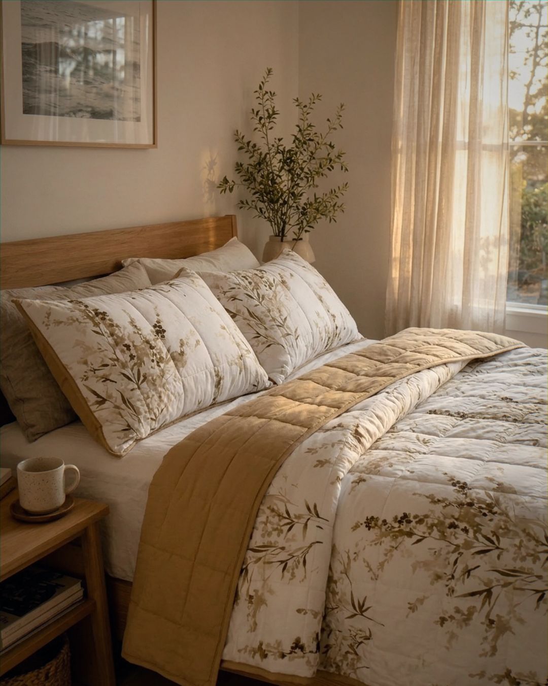 Cozy bedroom with floral bedding and a side table.