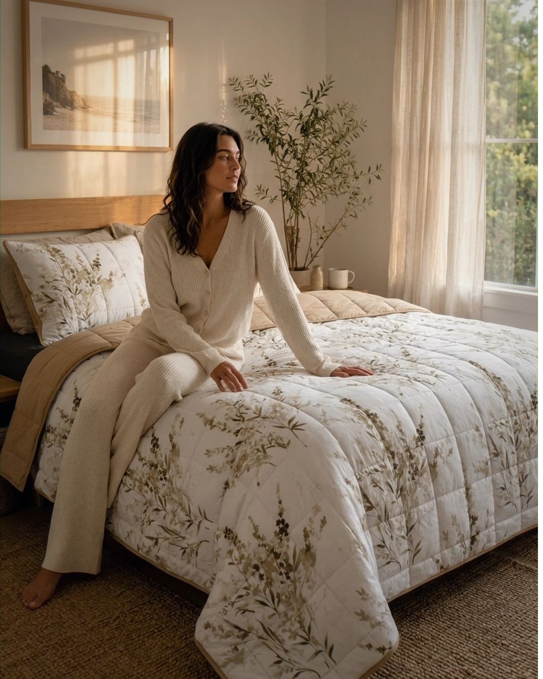 Woman sitting on a bed with floral bedding in a cozy bedroom.