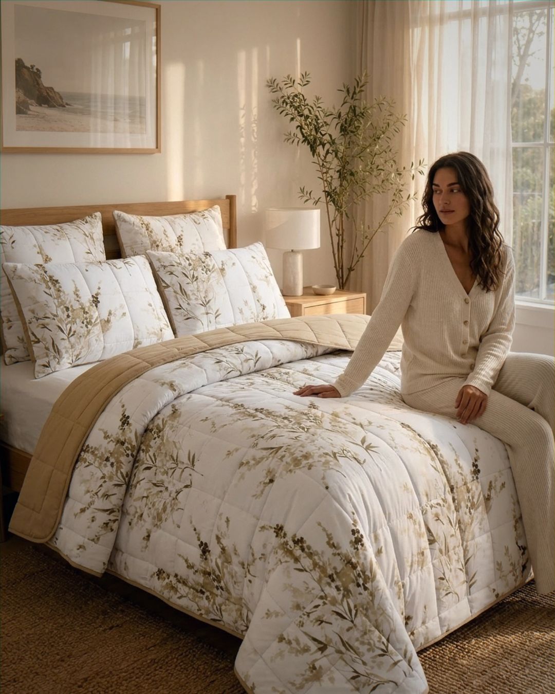 Woman sitting on a bed with floral bedding in a bright bedroom