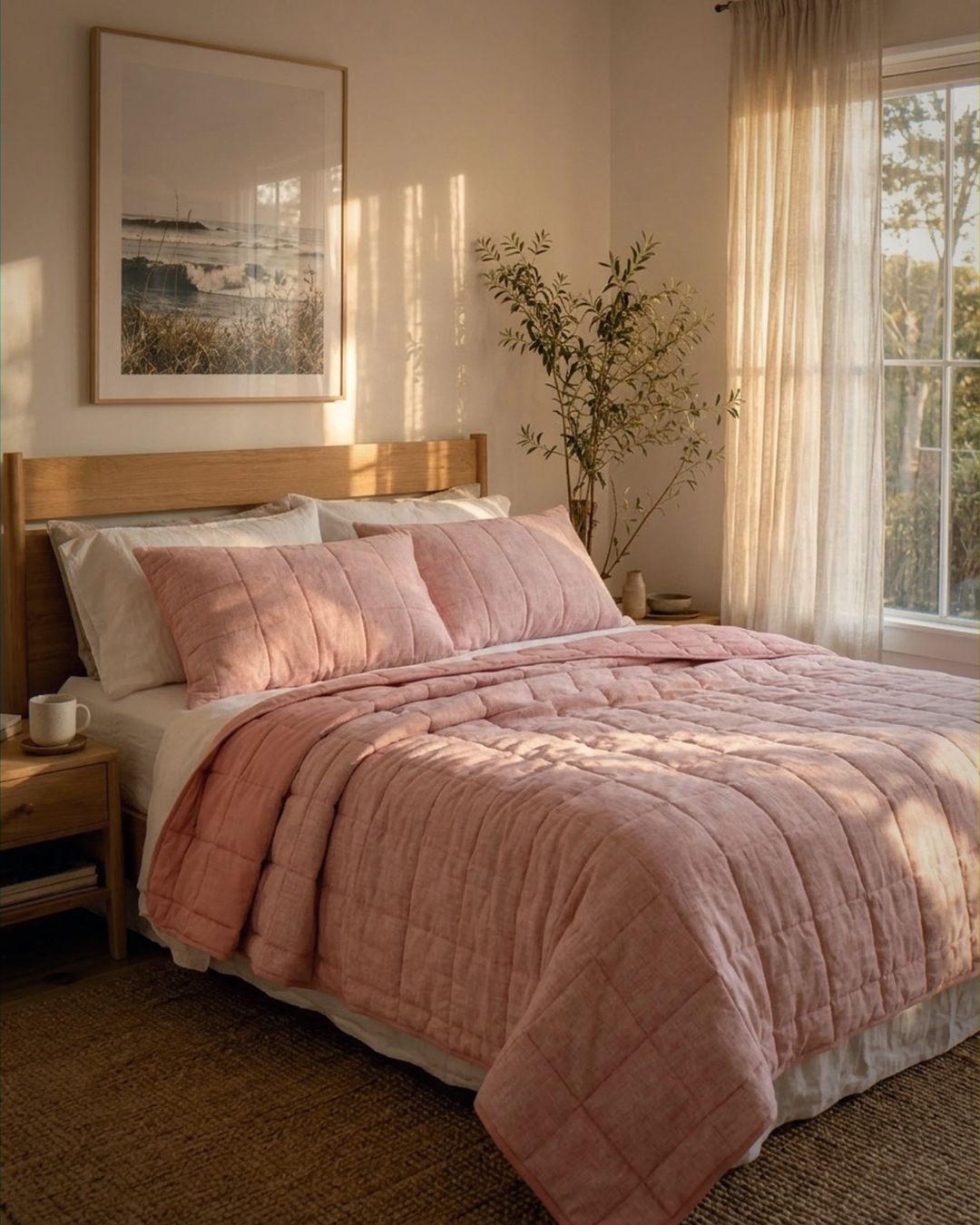 Bedroom with pink quilted comforter and wooden headboard