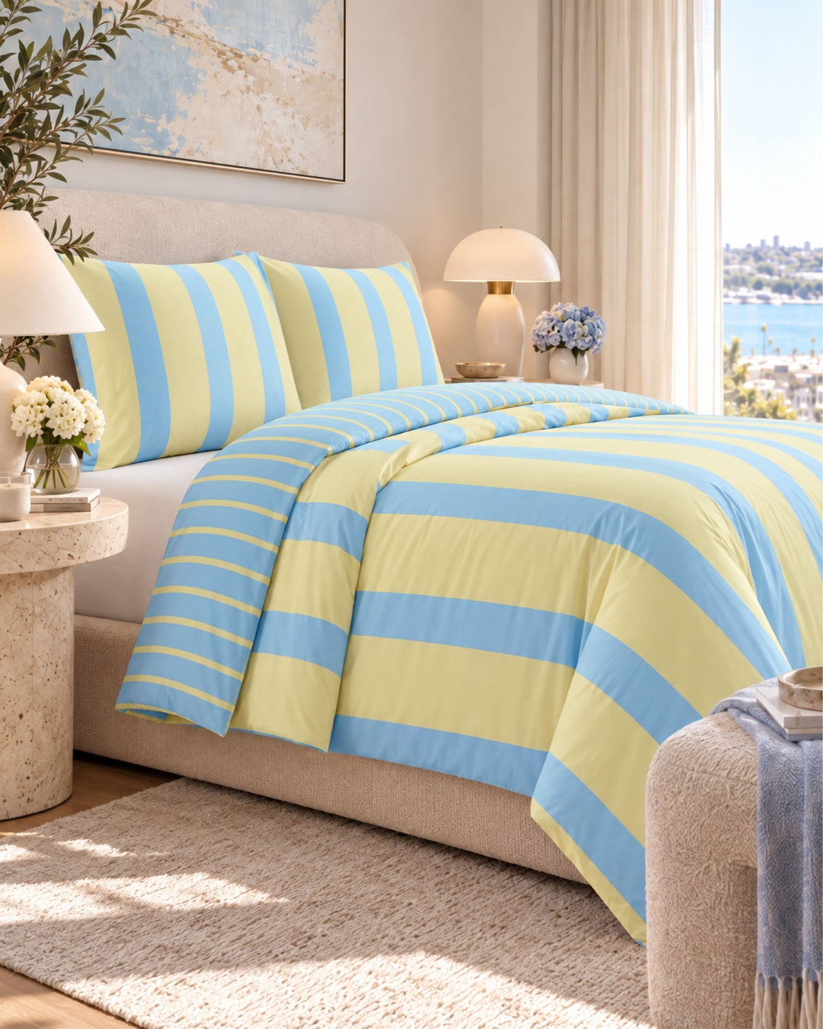 A bed dressed in a light blue and pale yellow striped bedding set, styled in a bright, modern bedroom with a window overlooking water, lamps, and coastal artwork.