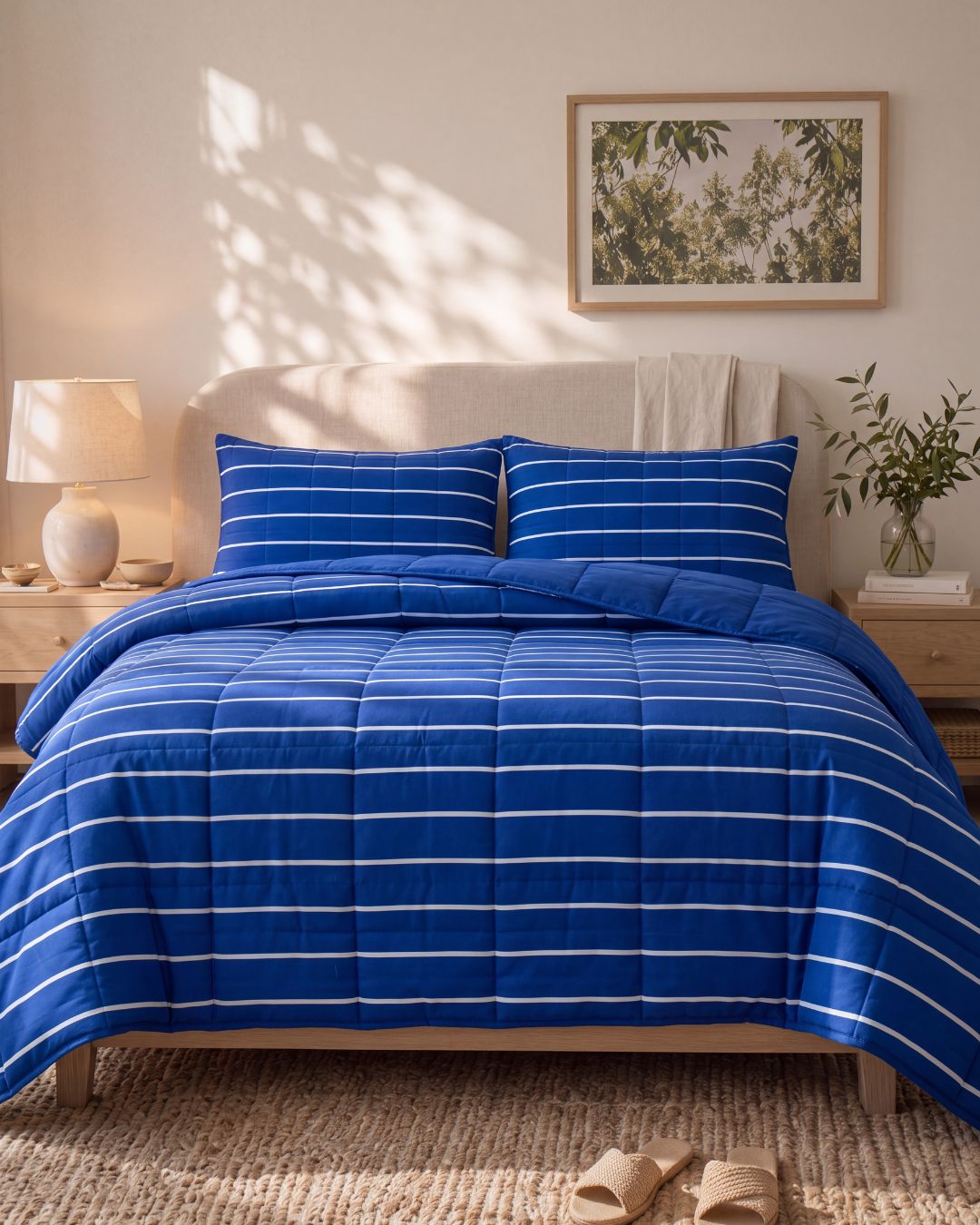 A blue quilted comforter with white horizontal stripes and matching striped pillowcases, styled on a bed in a warm, sunlit bedroom with bedside tables, lamps, and wall art.