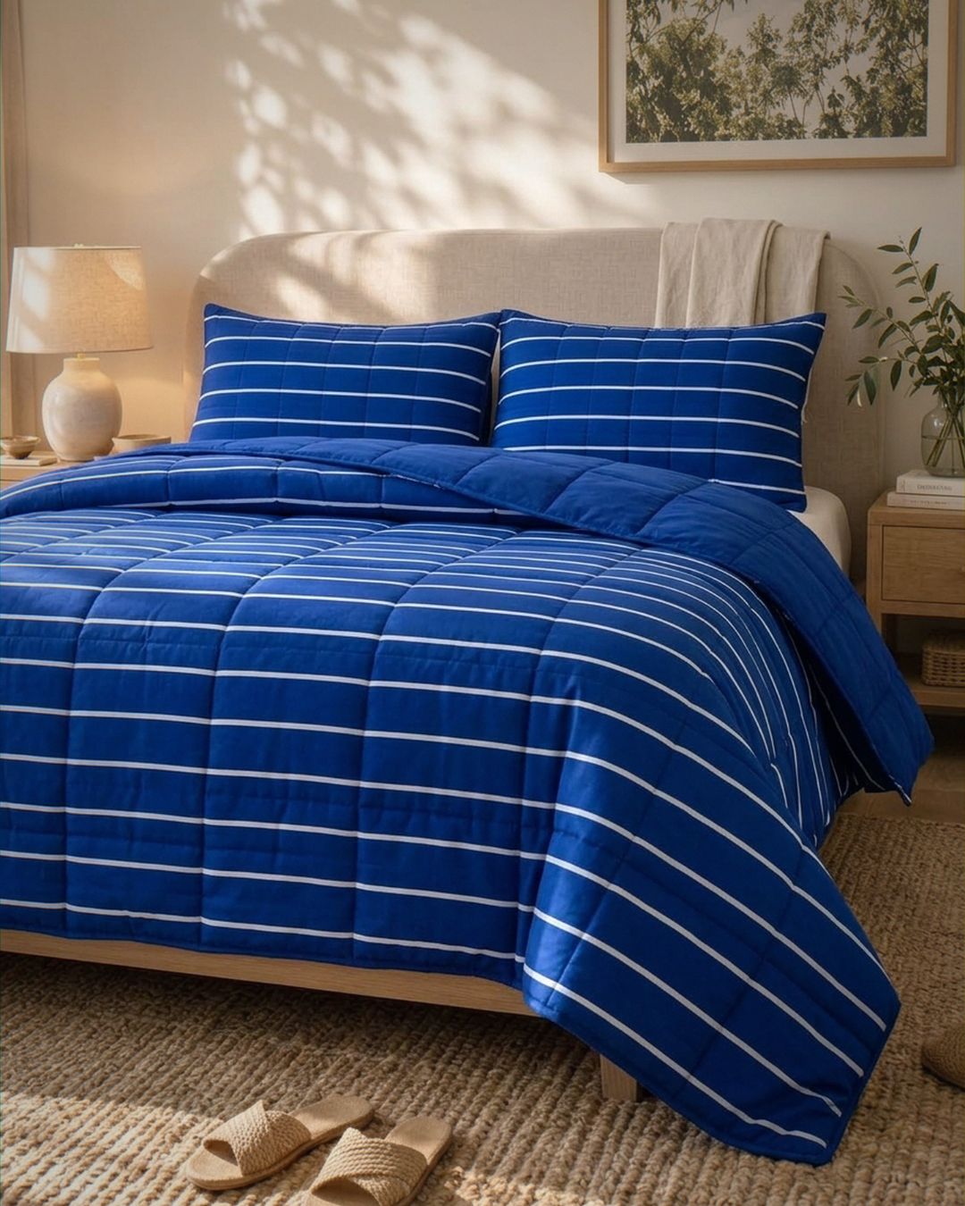 A blue quilted comforter set with white stripes on a bed in a warm, sunlit bedroom. The set includes a quilt and two matching pillow shams, styled with a beige headboard, bedside lamp, and woven rug.