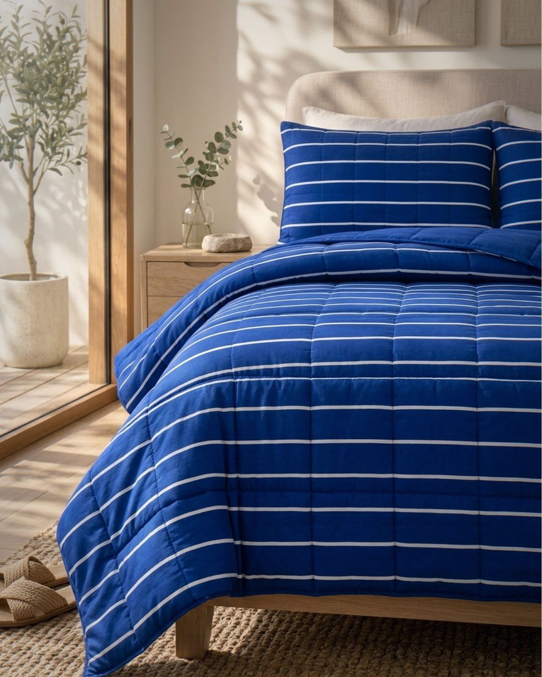A blue quilted comforter and matching pillow shams with thin white horizontal stripes, styled on a bed in a warm, sunlit bedroom.