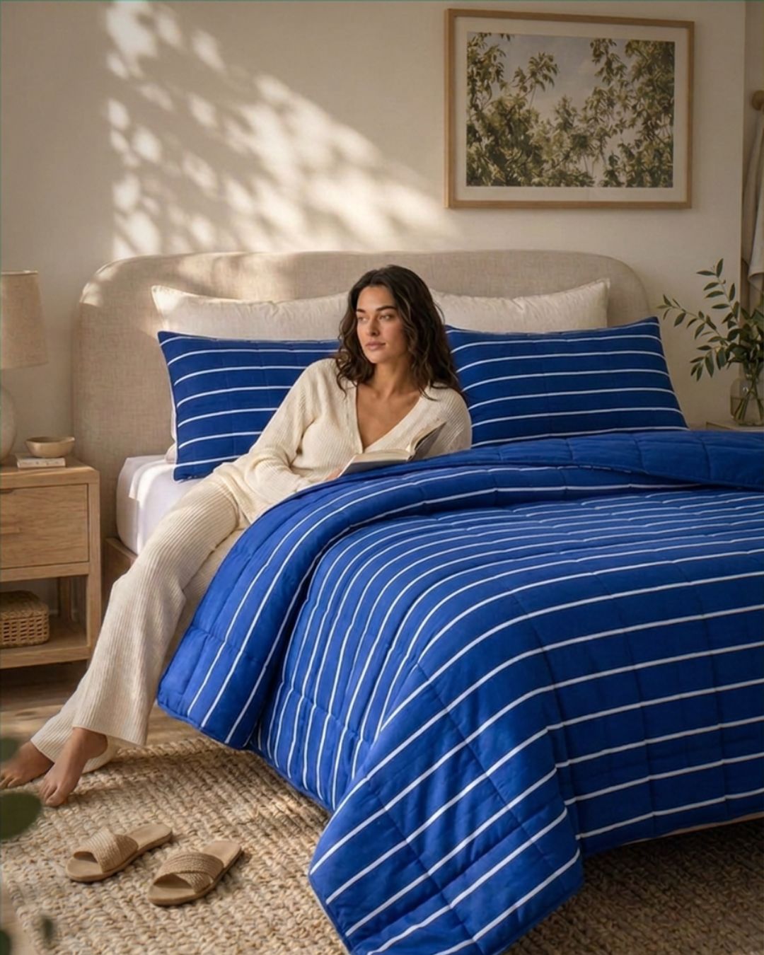 A woman sits on a bed wearing a cream pajama set, surrounded by a blue and white striped comforter and matching pillows in a warm, sunlit bedroom.