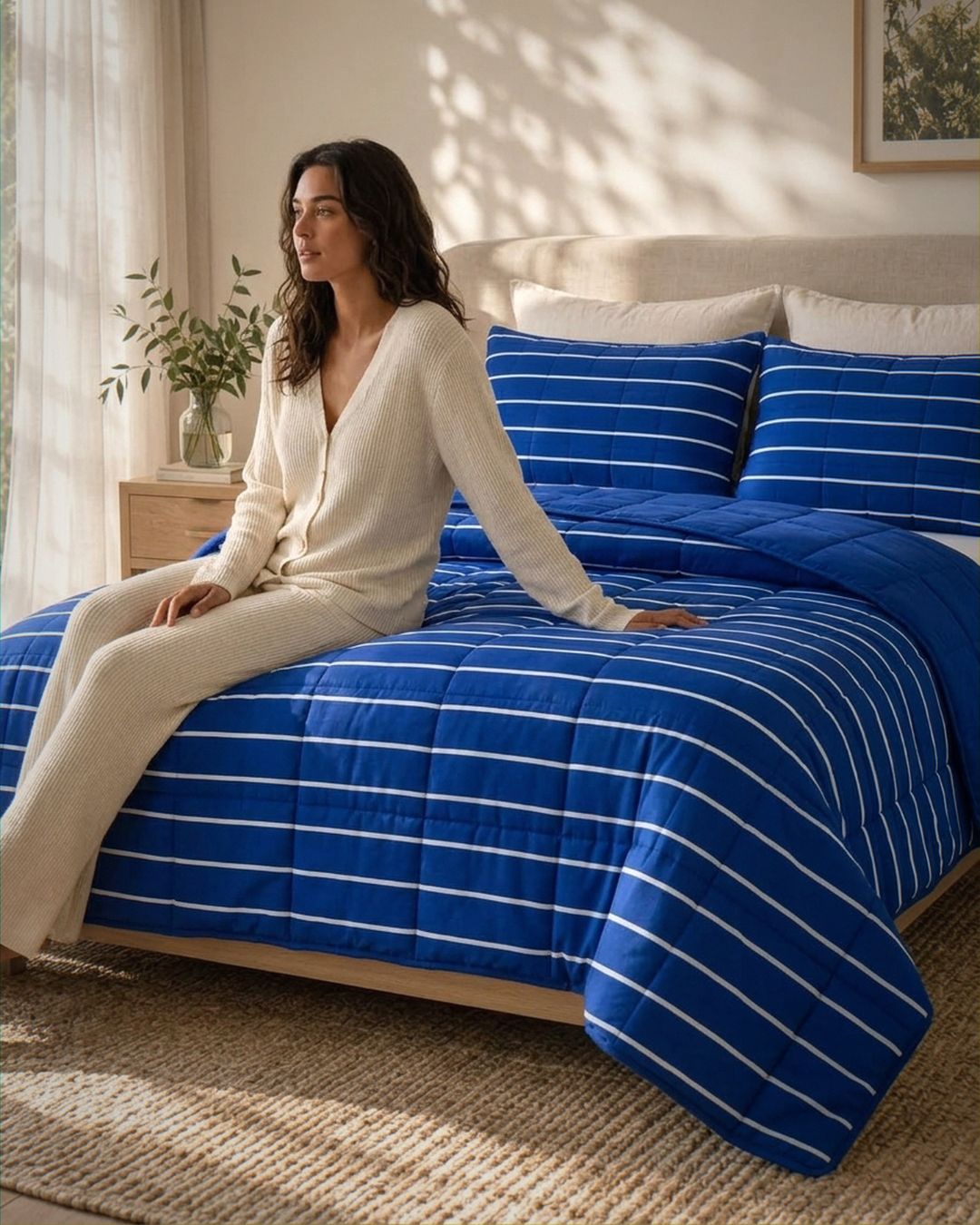 A woman sits on a bed wearing a cream knit cardigan and matching pants, beside a blue striped quilt and matching pillows in a softly lit bedroom.