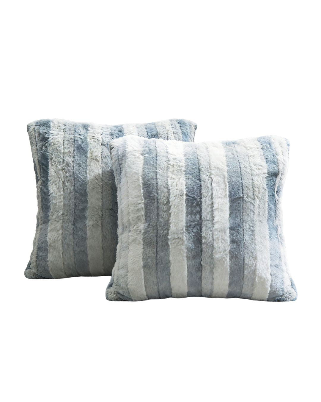 Morgan and Reid Silver Snow Snuggle Fleece Rabbit Fur European Pillowcase Pair on a styled bed with matching comforter
