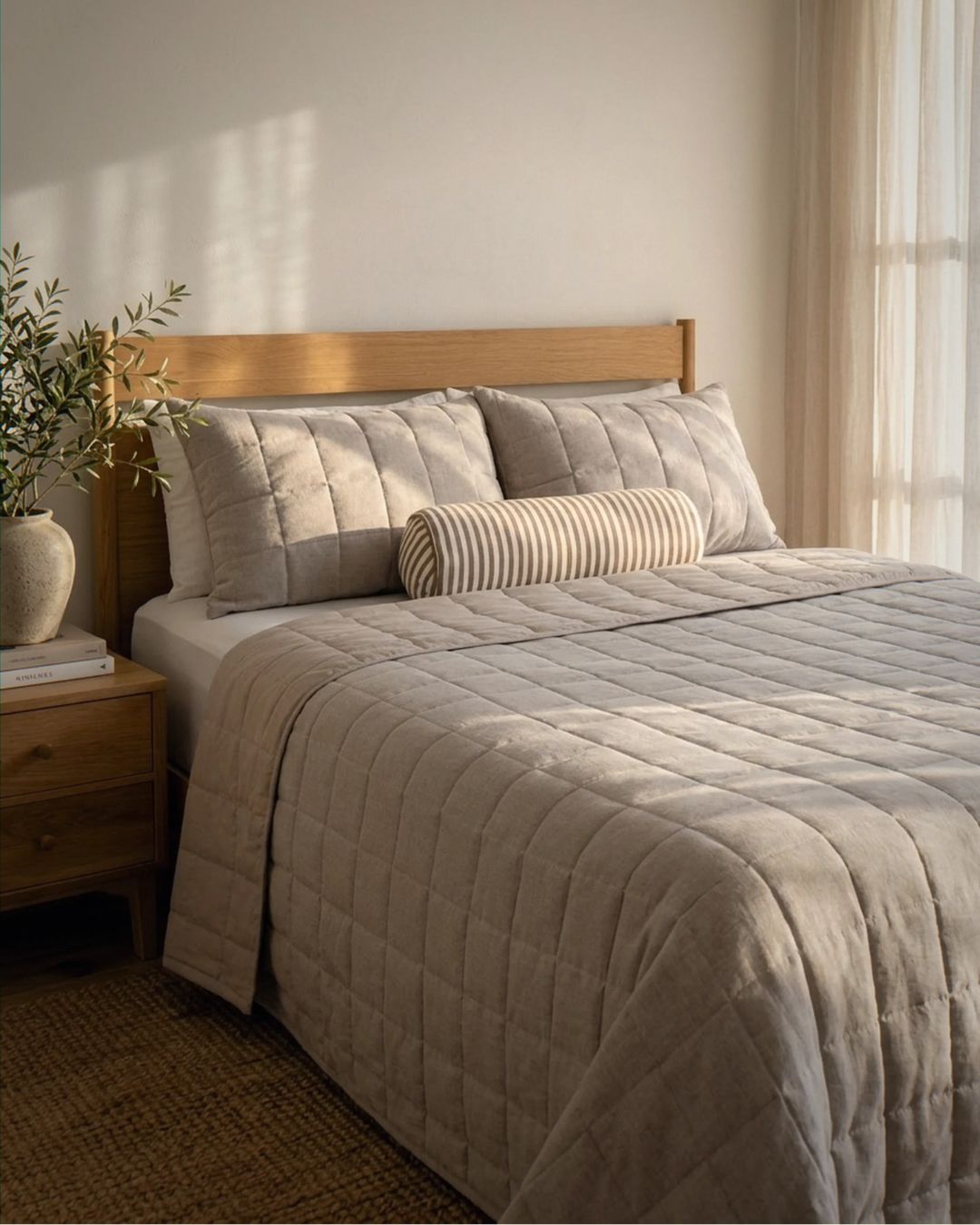 Neatly made bed with gray bedding and pillows in a well-lit bedroom.