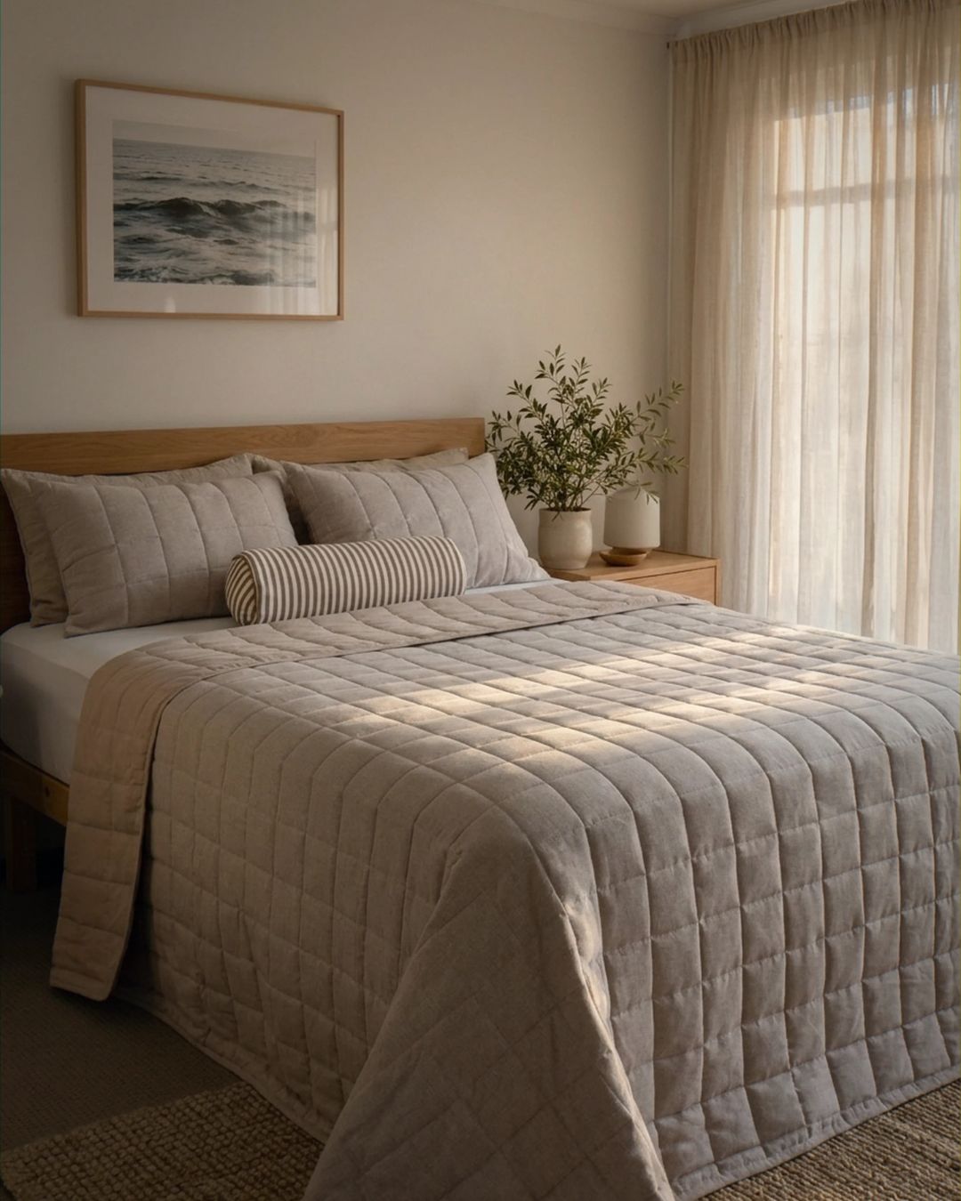 Neatly made bed with beige quilt and pillows in a bedroom setting.