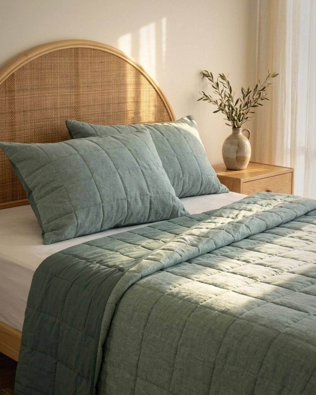 Bed with green bedding and pillows in a bright bedroom