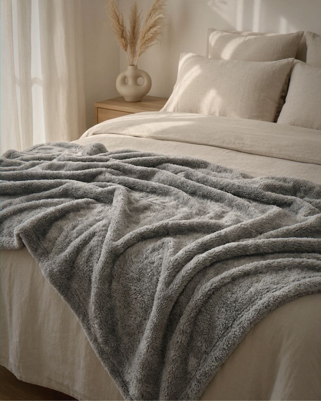 Gray blanket draped over a bed with neutral bedding and decor.