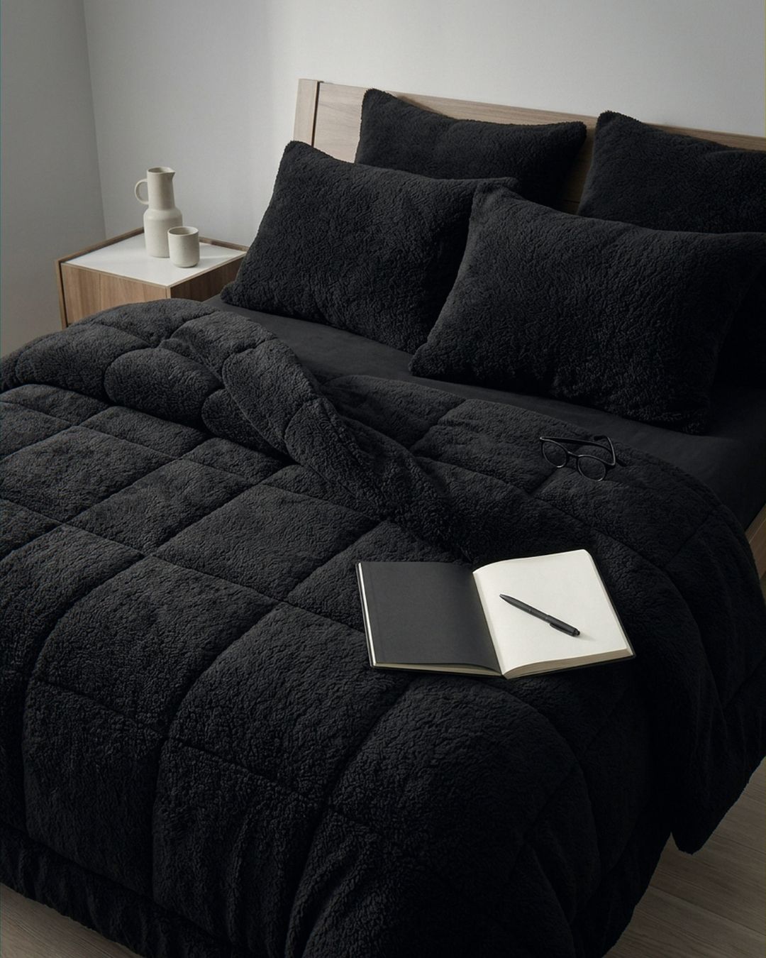 Close-up of the Morgan and Reid Black Snuggle Fleece Pillowcase Pair showing fabric texture