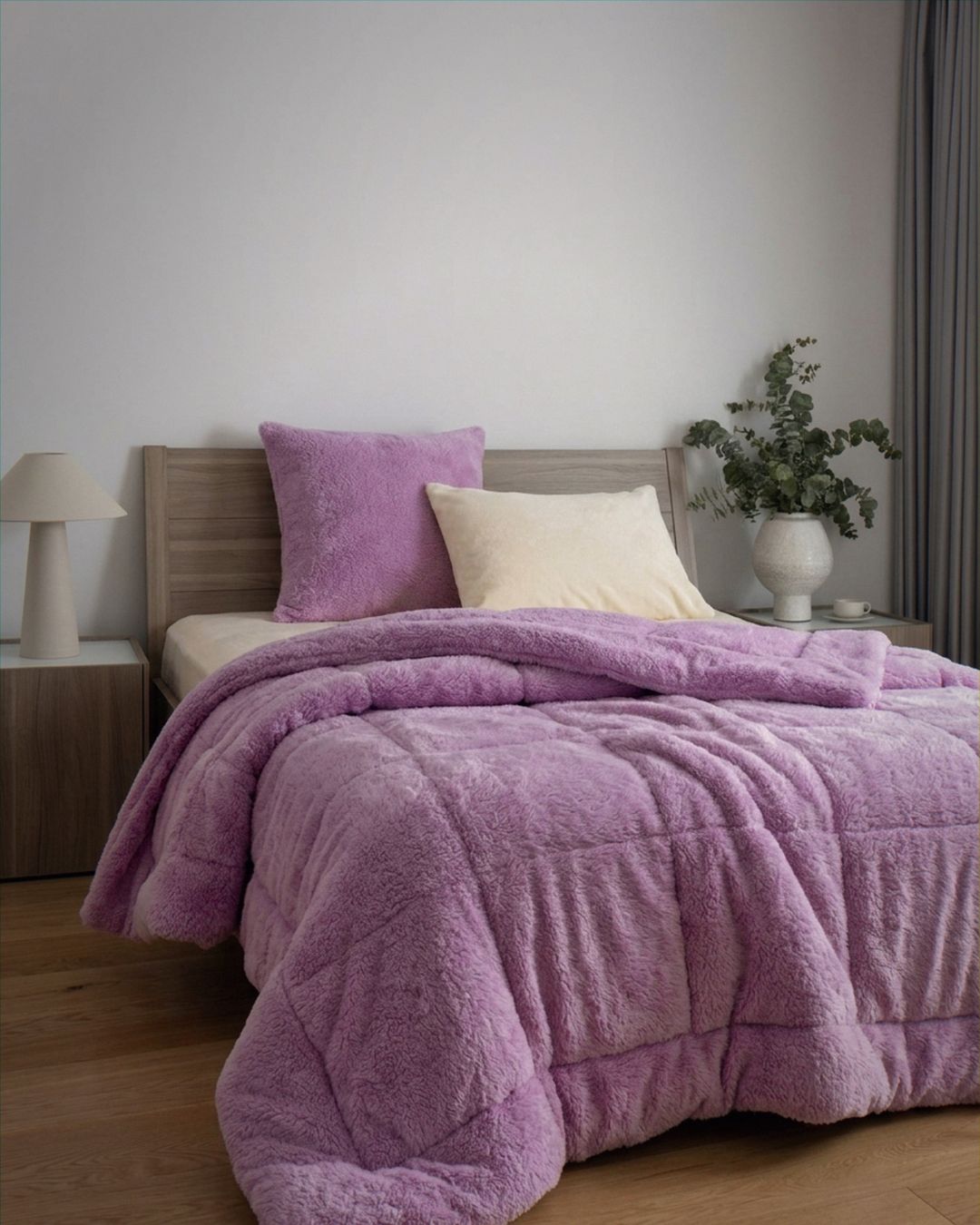 Morgan and Reid Calm Lavender Snuggle Fleece European Pillowcase Pair on bed with coordinating bedding