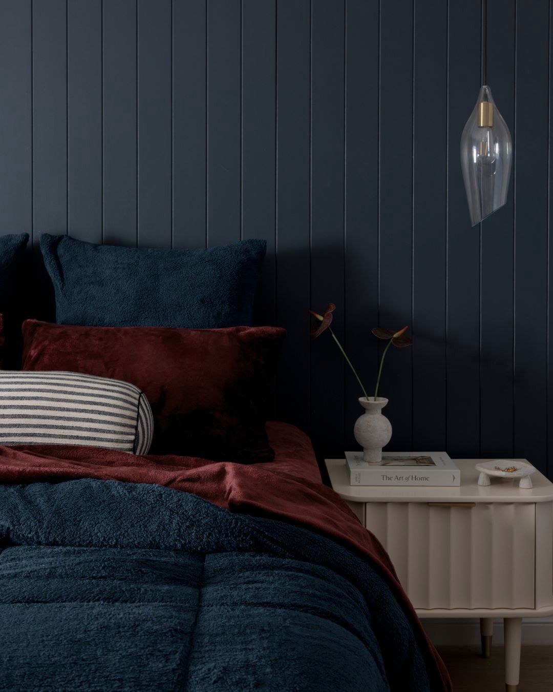 Overhead view of the Morgan and Reid Midnight Blue Snuggle Fleece Comforter Set on a made bed