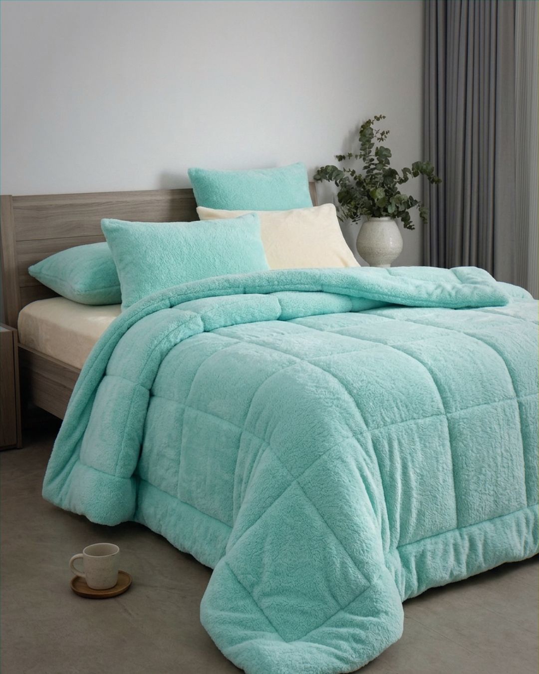 Morgan and Reid Mint Snuggle Fleece Comforter Set styled on a neatly made bed in a bright bedroom