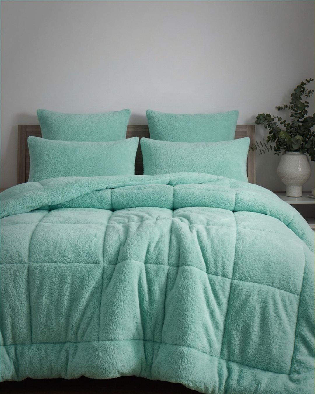 Morgan and Reid Mint Snuggle Fleece European Pillowcase Pair on bed with coordinating bedding