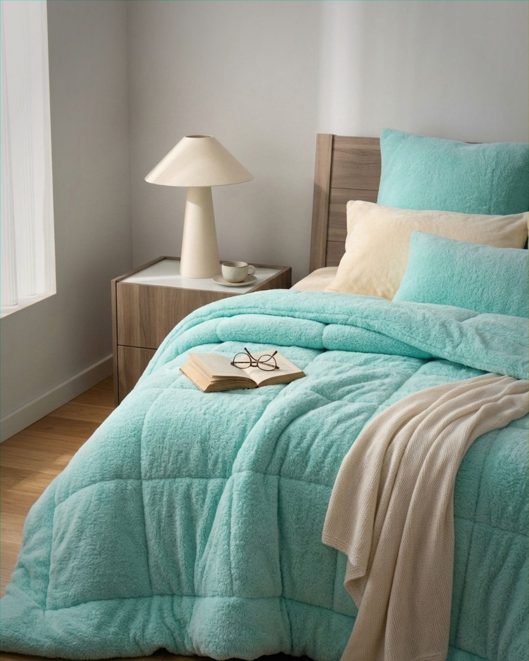 Detail shot of the Morgan and Reid Mint Snuggle Fleece European Pillowcase Pair on a pillow