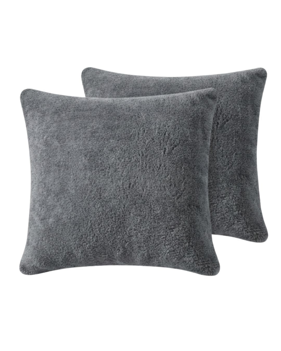 Morgan and Reid Steel Charcoal Snuggle Fleece European Pillowcase Pair on a styled bed with matching comforter