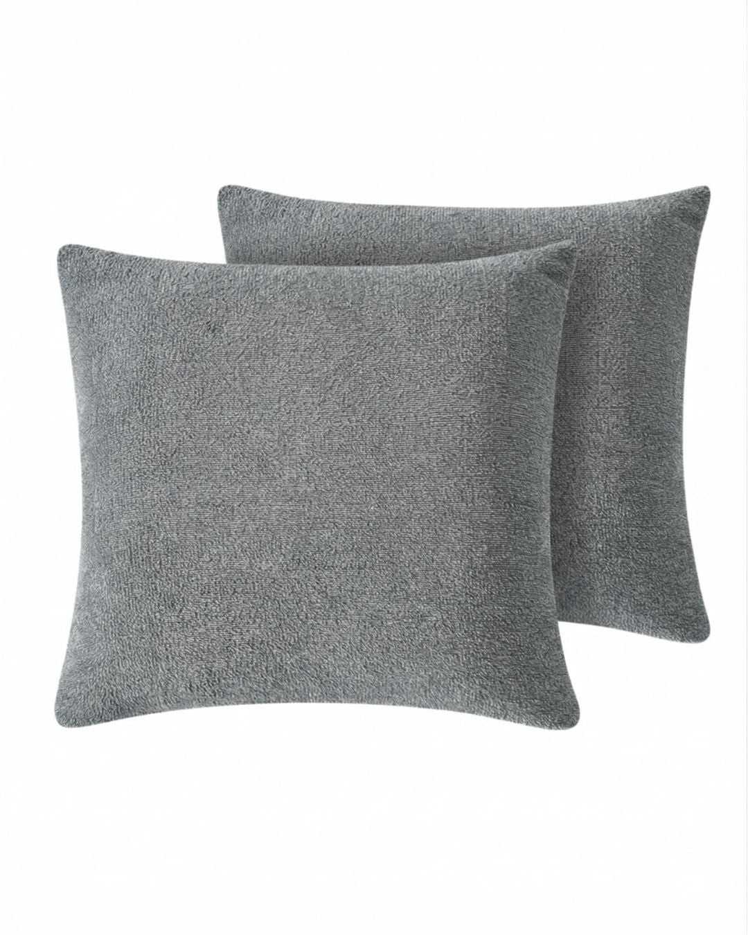 Morgan and Reid Grey Spec Snuggle Fleece European Pillowcase Pair on a styled bed with matching comforter
