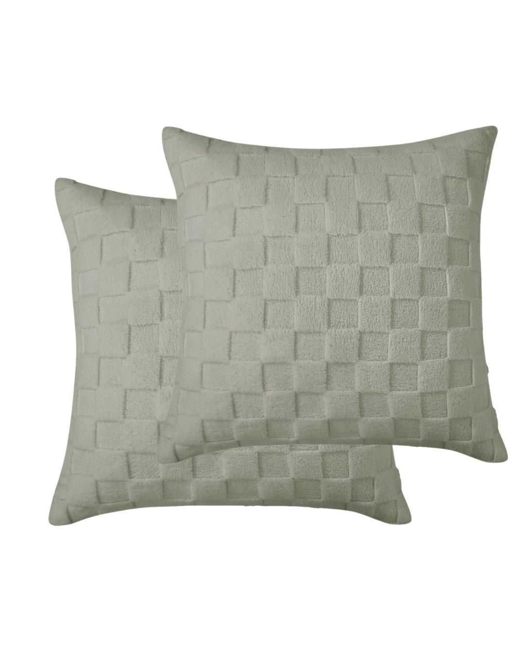 Morgan and Reid Checkered Soft Sage Snuggle Fleece European Pillowcase Pair on a styled bed with matching comforter