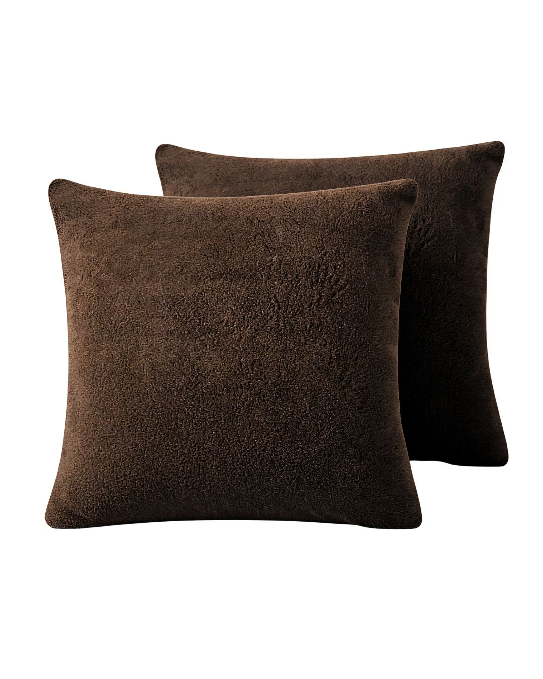 Morgan and Reid Cocoa Snuggle Fleece European Pillowcase Pair on a styled bed with matching comforter
