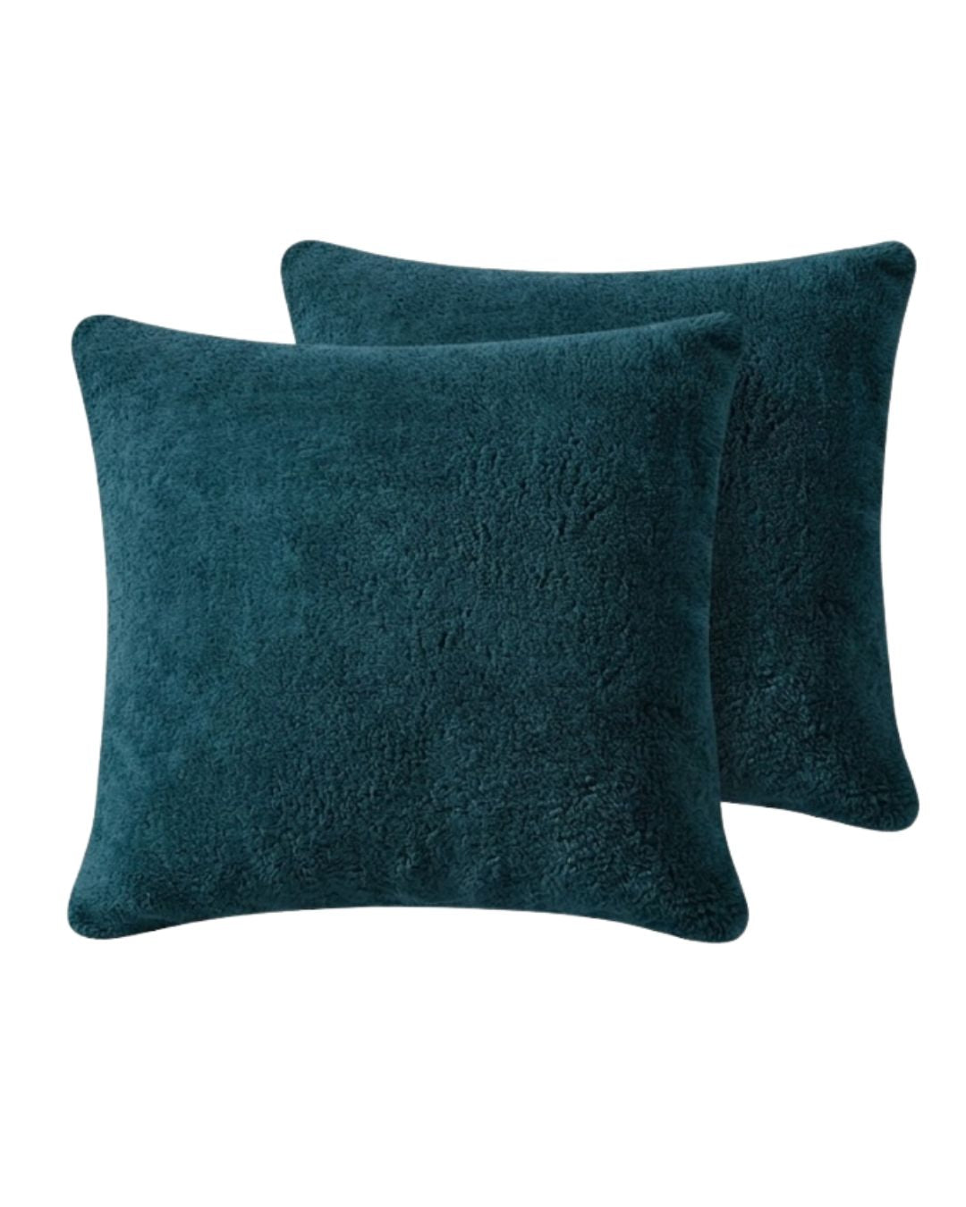 Morgan and Reid Deep Teal Snuggle Fleece European Pillowcase Pair on a styled bed with matching comforter