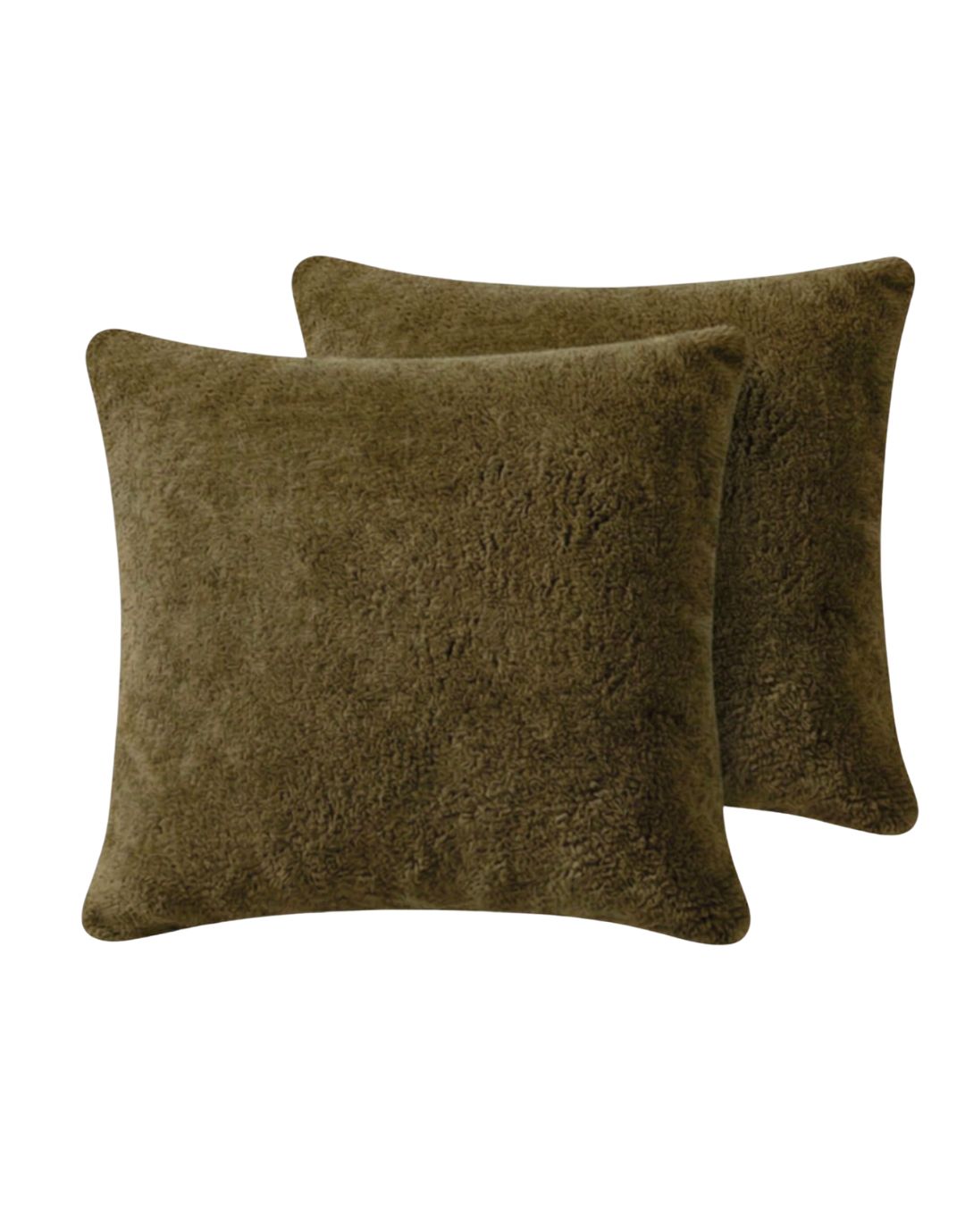Morgan and Reid Military Olive Snuggle Fleece European Pillowcase Pair on a styled bed with matching comforter