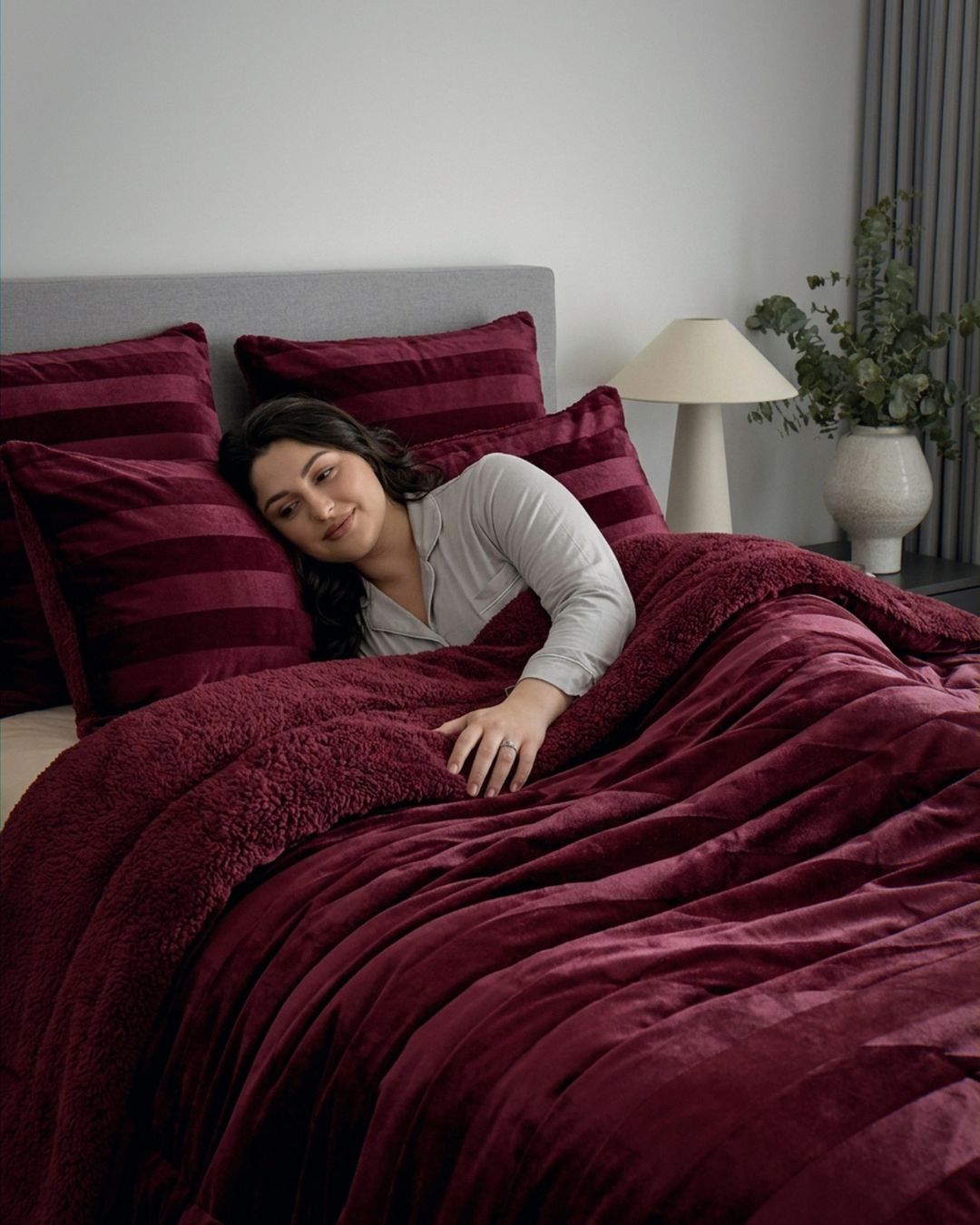 Morgan and Reid Cherry Red Velvet Stripe Snuggle Fleece Comforter Set folded to show depth and plush texture