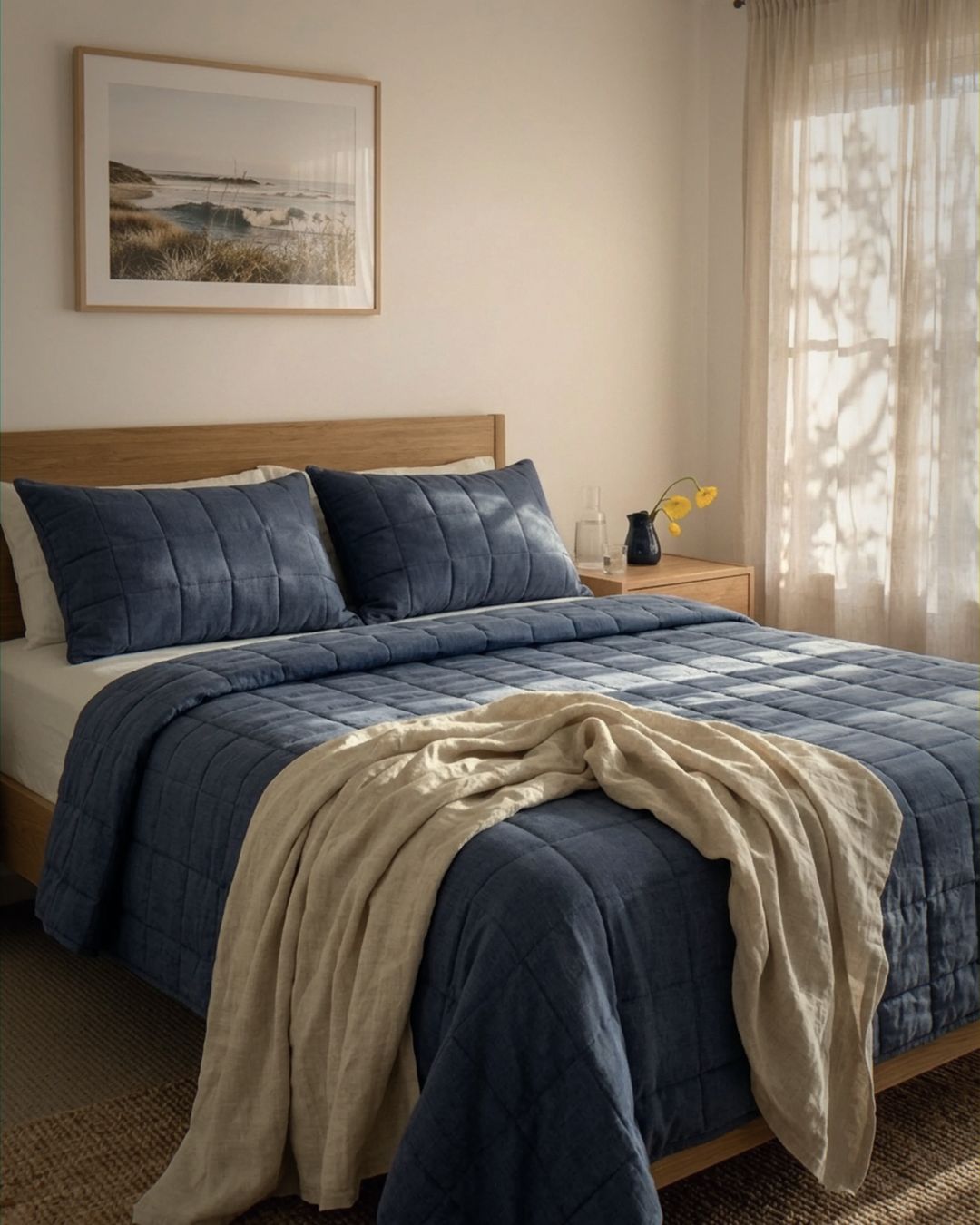 Bedroom with a bed covered in blue bedding and a beige blanket, with a window and framed picture in the background.