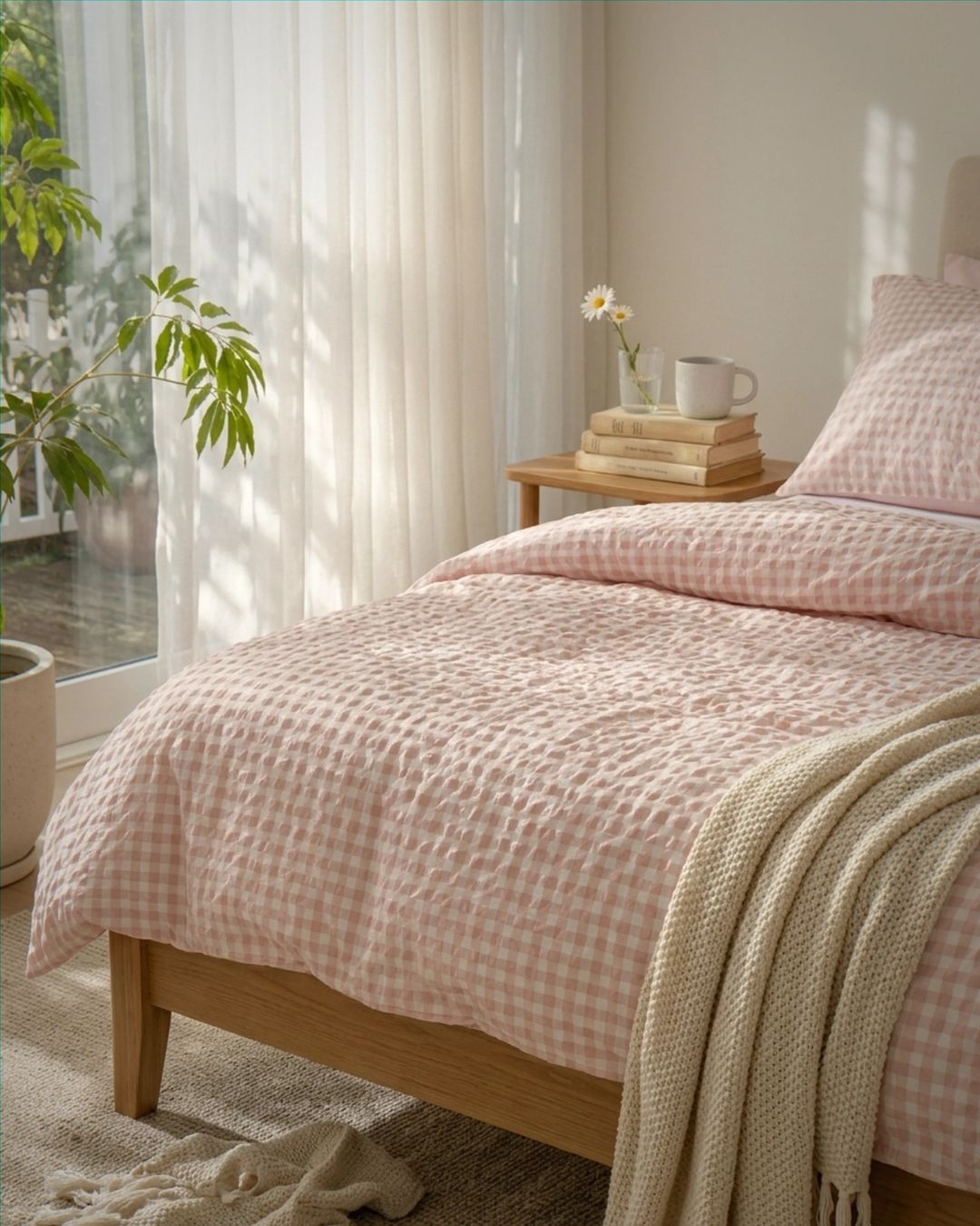 Bedroom with pink checkered bedding and a side table with books and a mug.