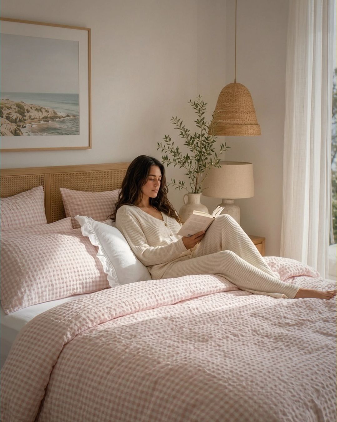 Woman reading a book on a bed with pink checkered bedding in a cozy bedroom.