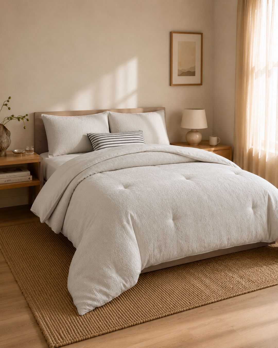 Neatly made bed with light-colored bedding in a bedroom setting.