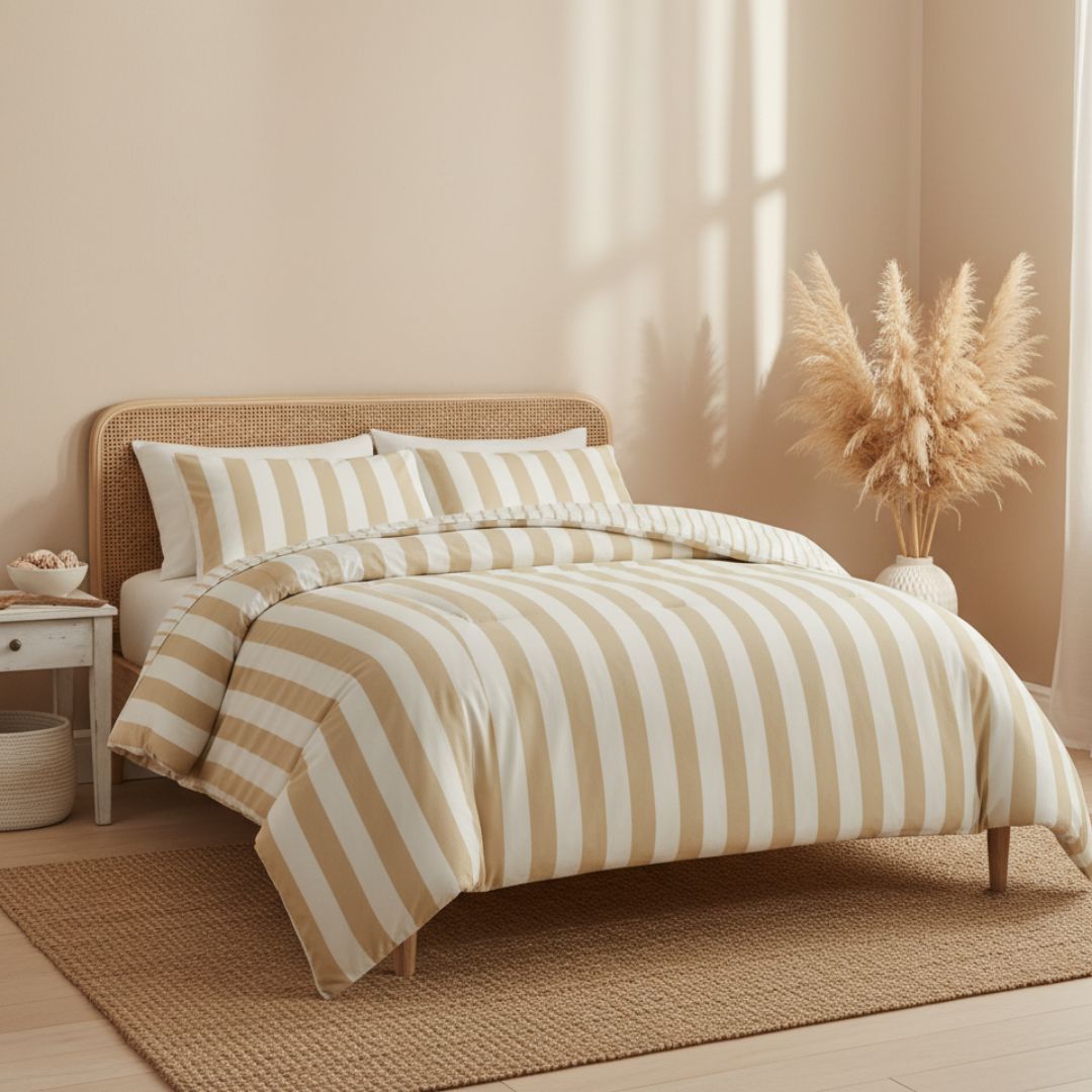 Bedroom with striped bedding and a woven headboard