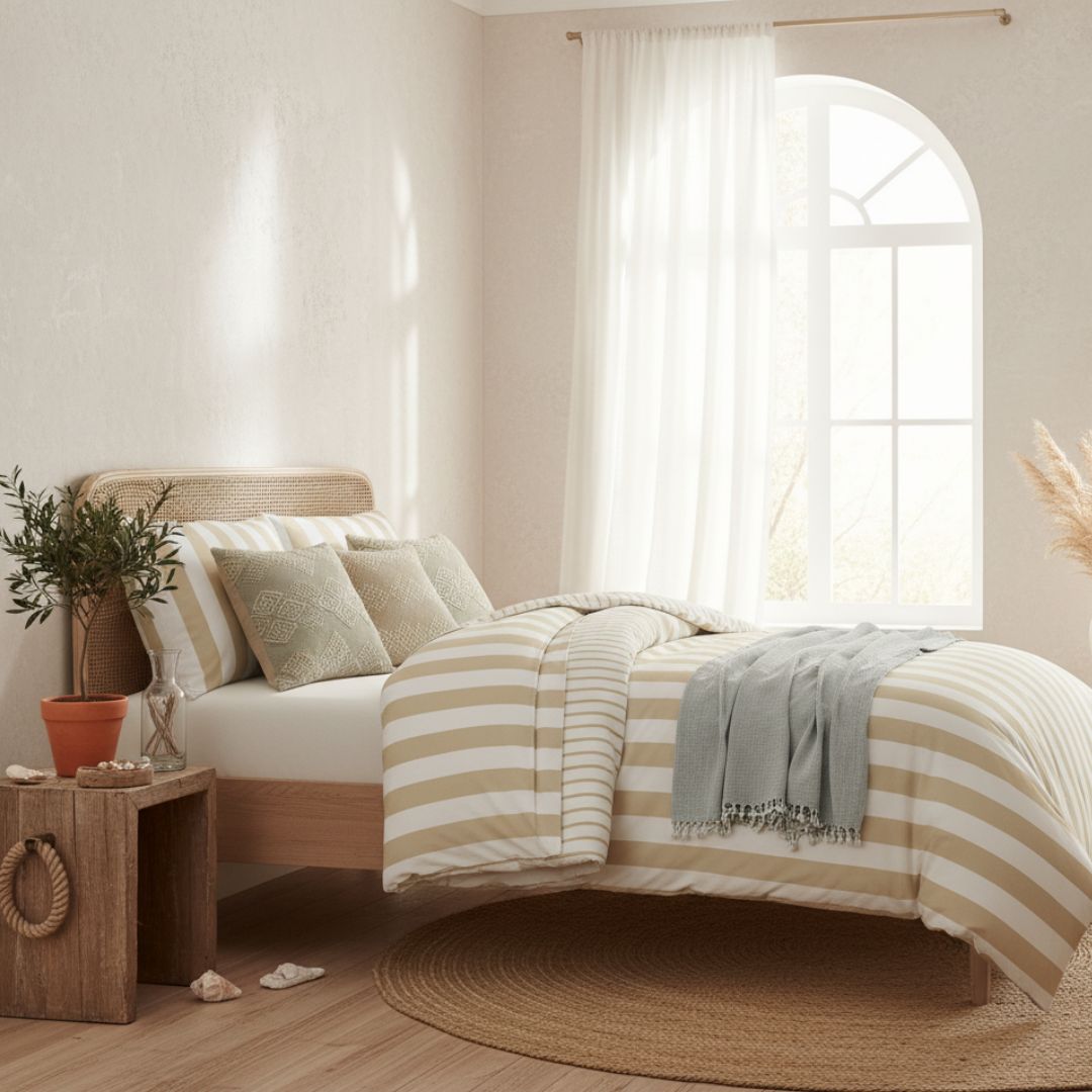 Neatly made bed with striped bedding in a bright bedroom