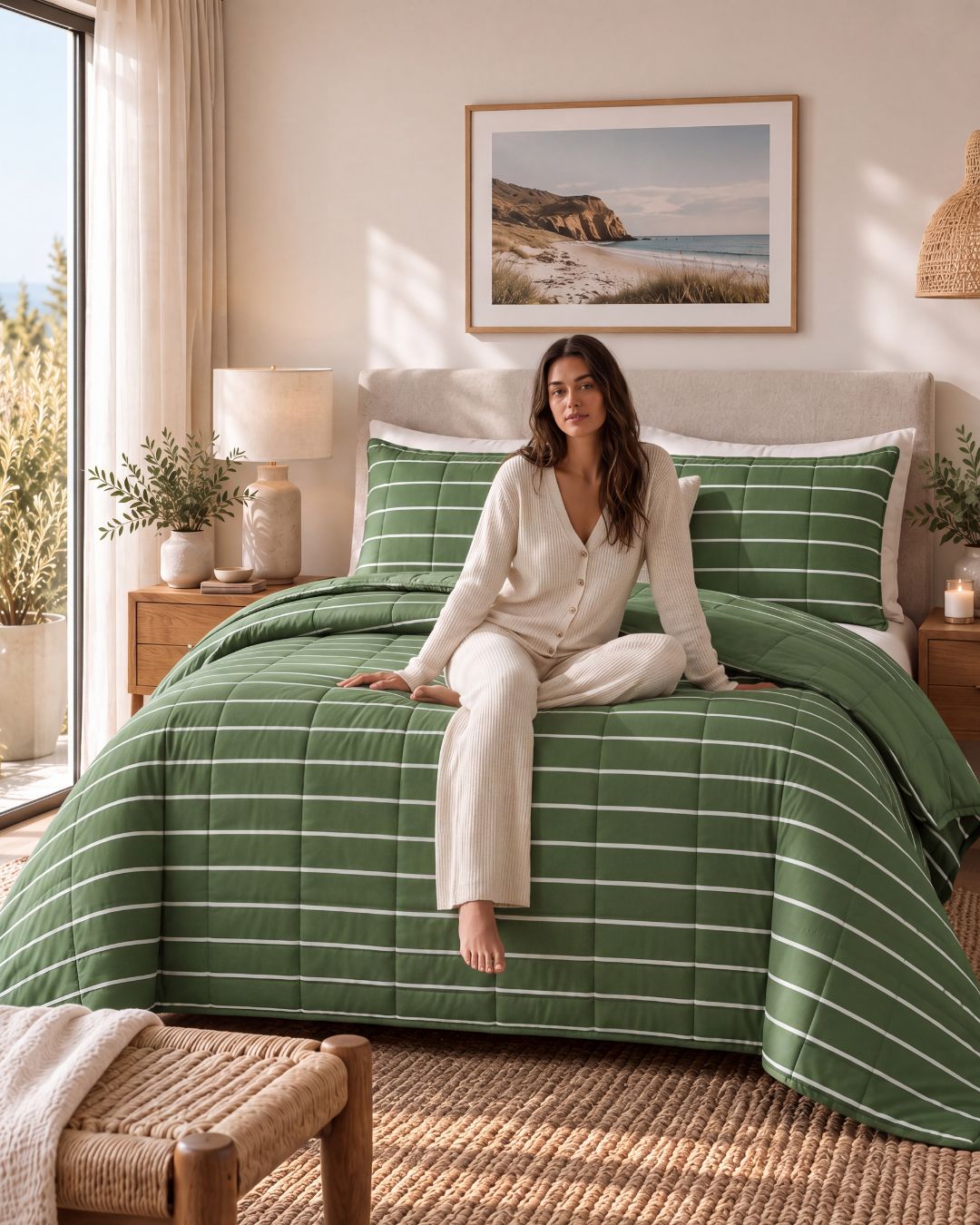 A woman sits on a bed in a bright, sunlit bedroom wearing a cream-colored lounge set. The bed is made with a green and white striped quilt and matching pillow shams.
