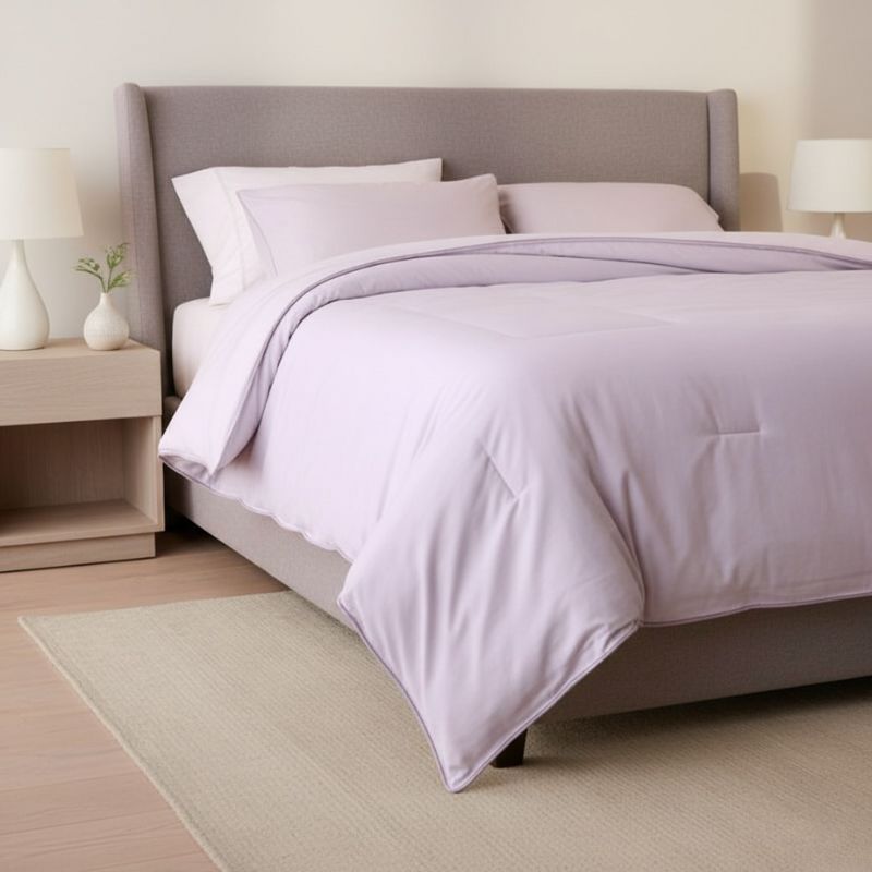 Bed with lavender comforter and pillows in a bedroom setting