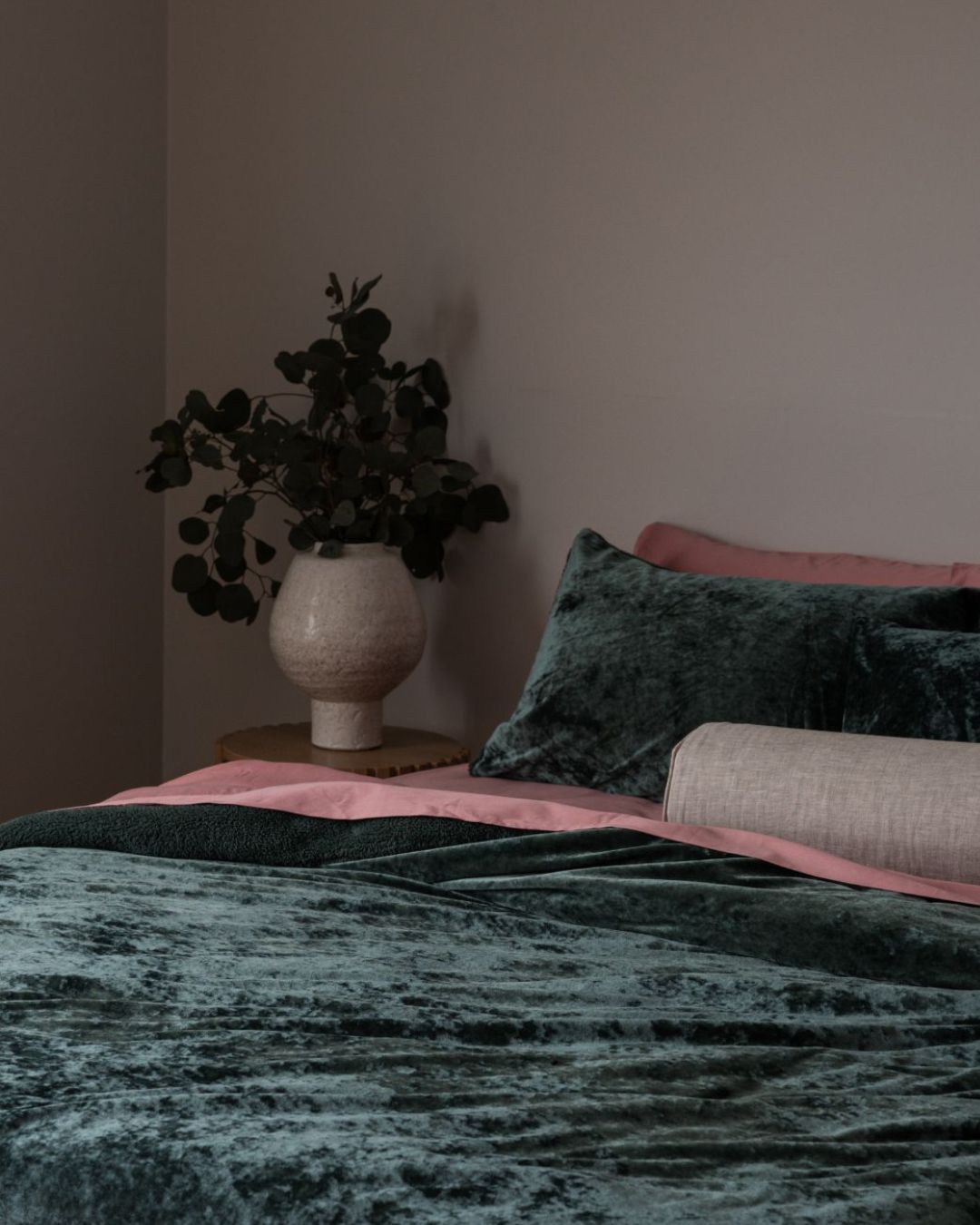 Overhead view of the Morgan and Reid Sage Velvet Crushed Snuggle Fleece Comforter Set on a made bed