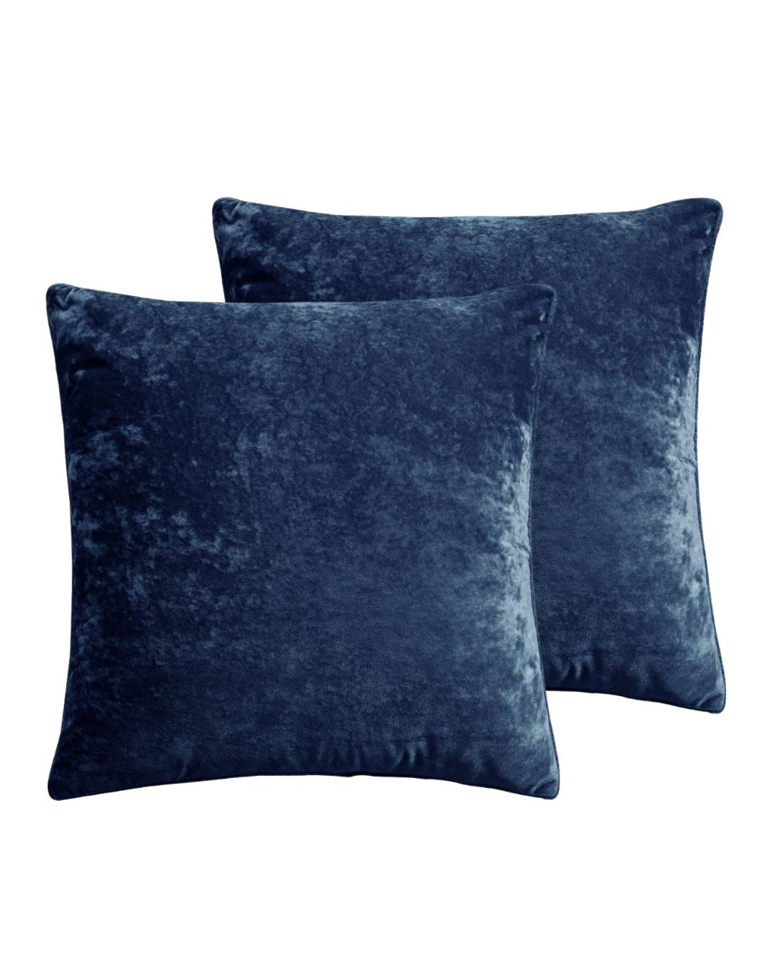 Morgan and Reid Navy Velvet Crushed Snuggle Fleece European Pillowcase Pair on a styled bed with matching comforter