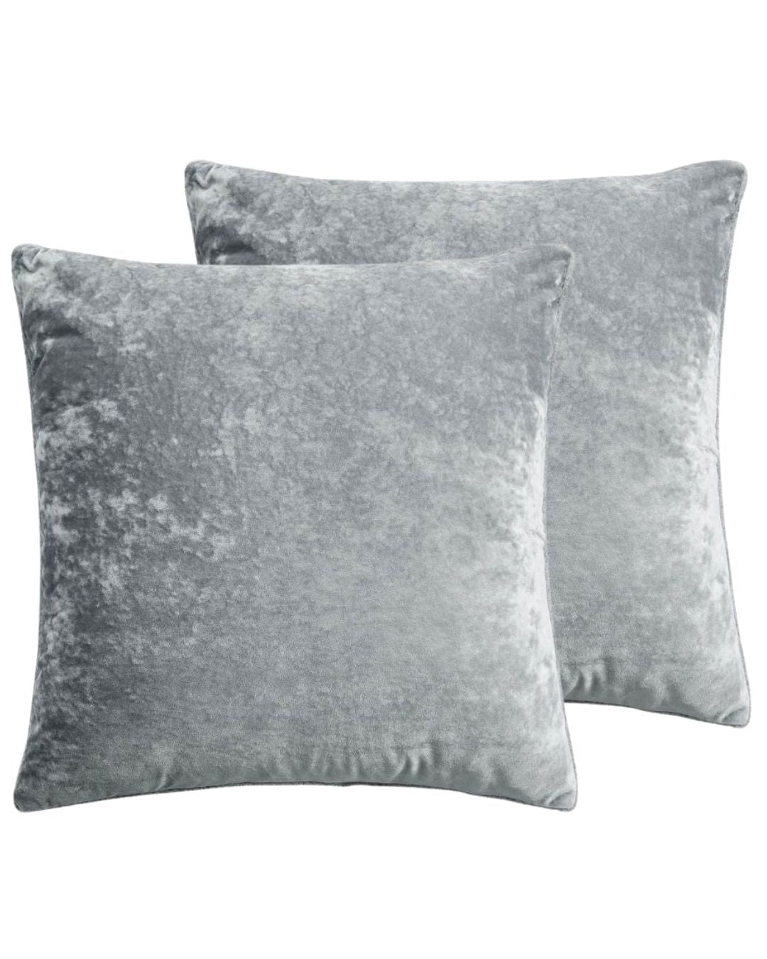 Morgan and Reid Silver Velvet Crushed Snuggle Fleece European Pillowcase Pair on a styled bed with matching comforter