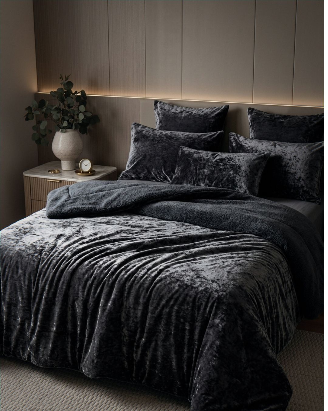 Overhead view of the Morgan and Reid Black Velvet Crushed Snuggle Fleece Comforter Set on a made bed