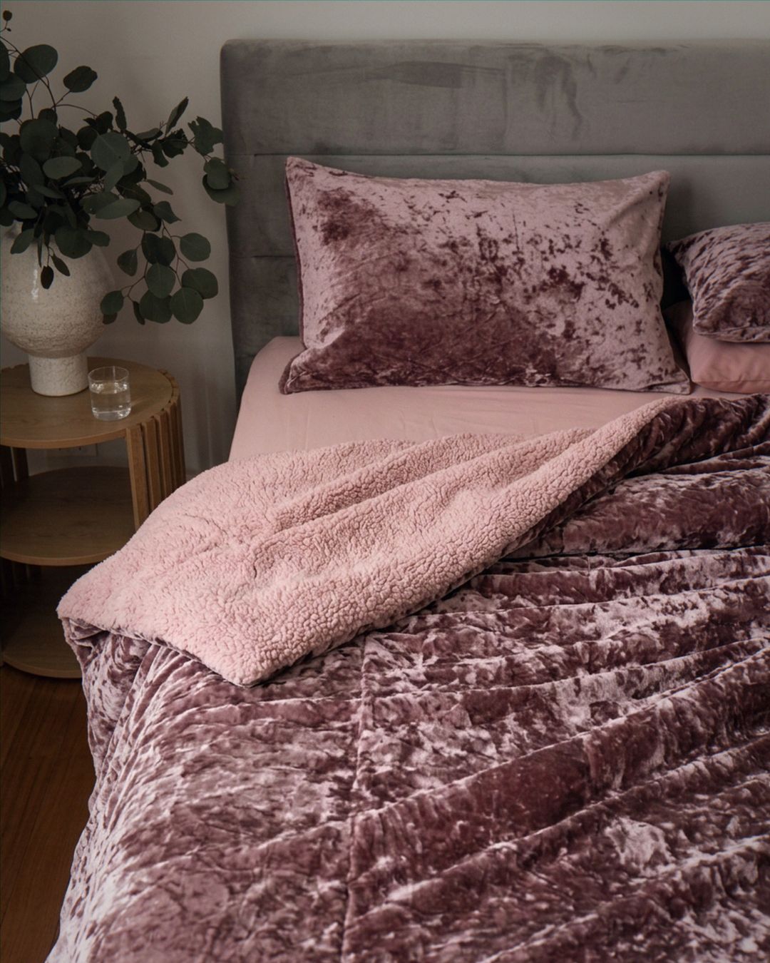 Close-up of the Morgan and Reid Shell Pink Velvet Crushed Snuggle Fleece Comforter Set showing fabric texture and colour