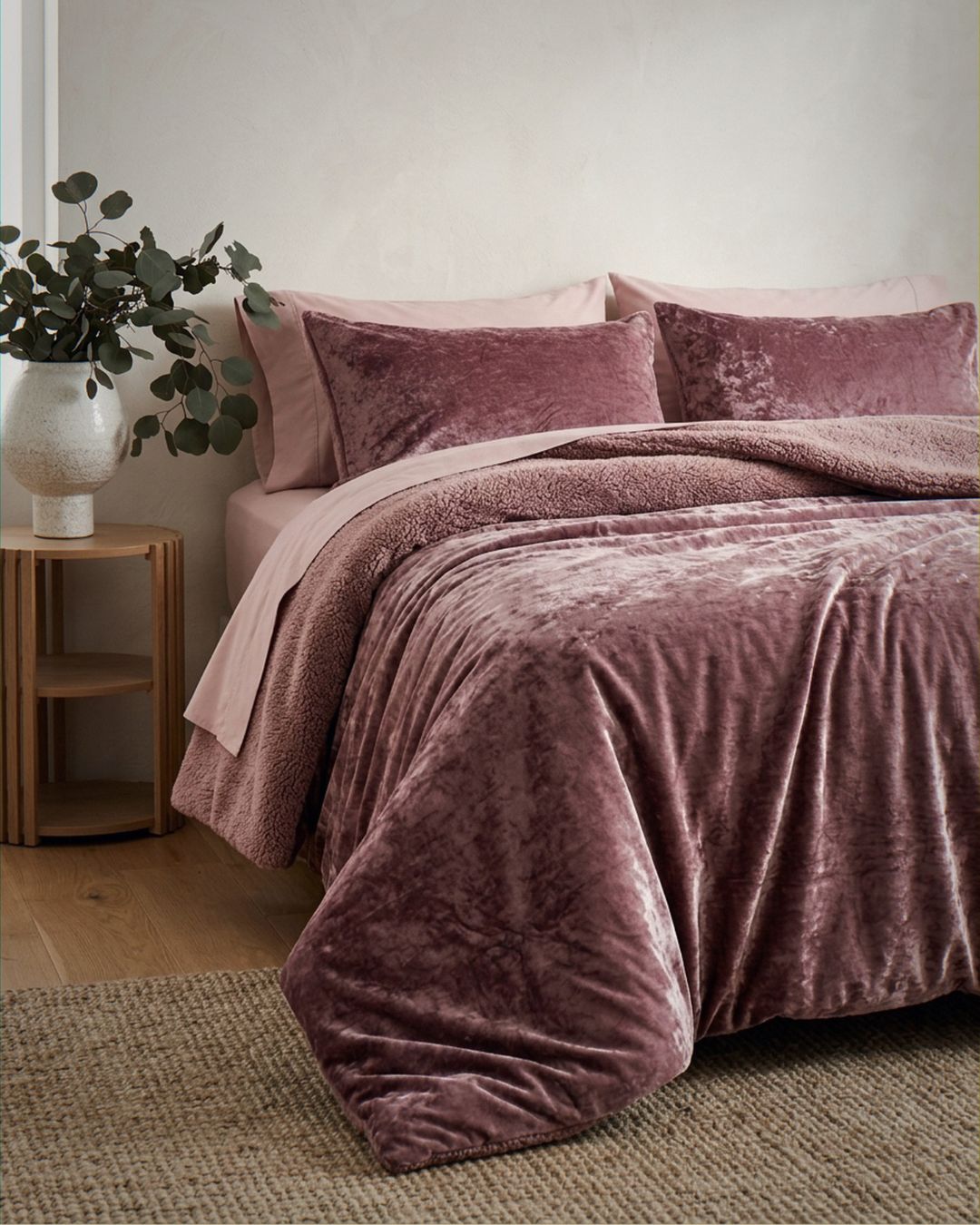 Morgan and Reid Shell Pink Velvet Crushed Snuggle Fleece Pillowcase Pair on bed with coordinating bedding