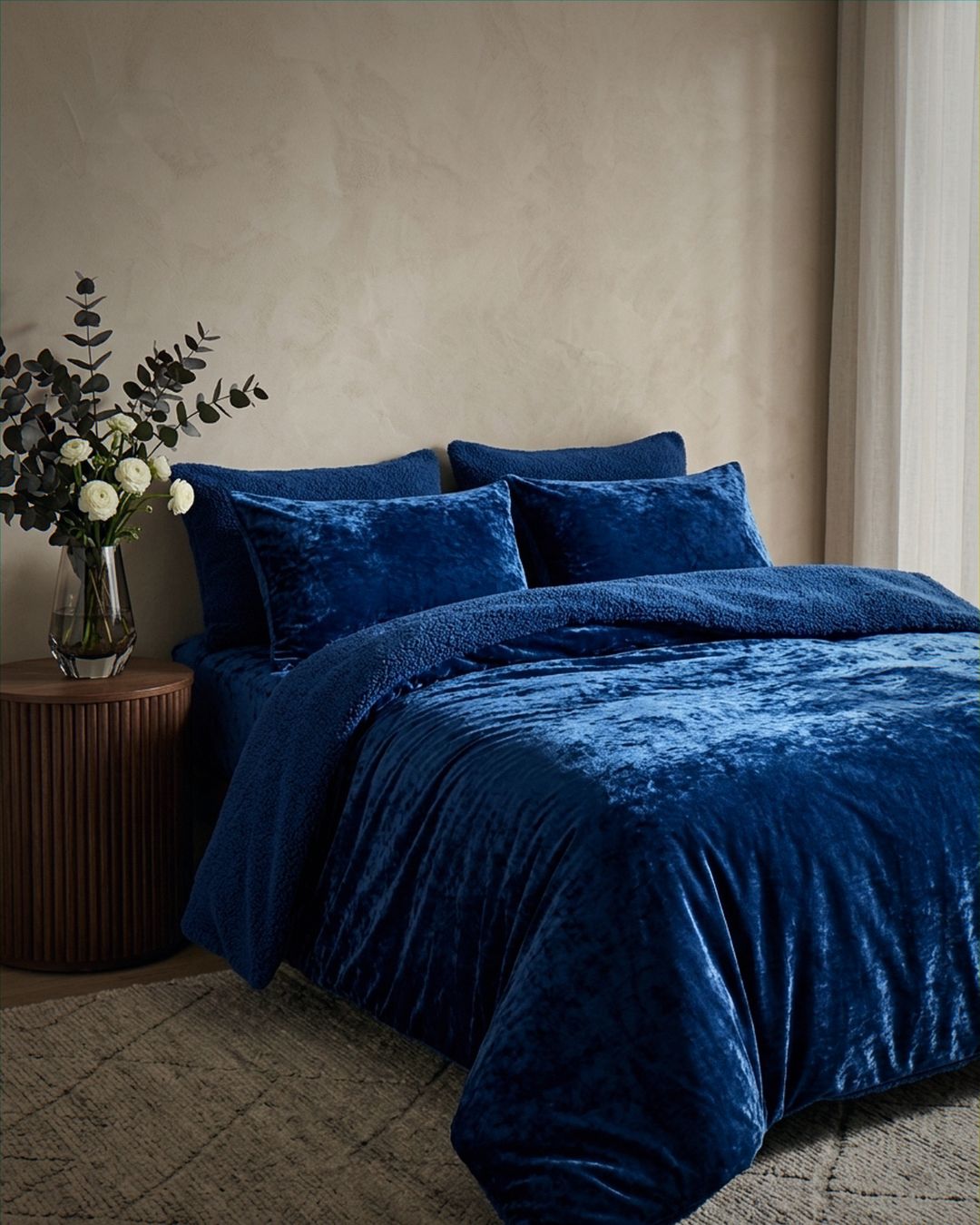 Close-up of the Morgan and Reid Navy Velvet Crushed Snuggle Fleece Comforter Set showing fabric texture and colour