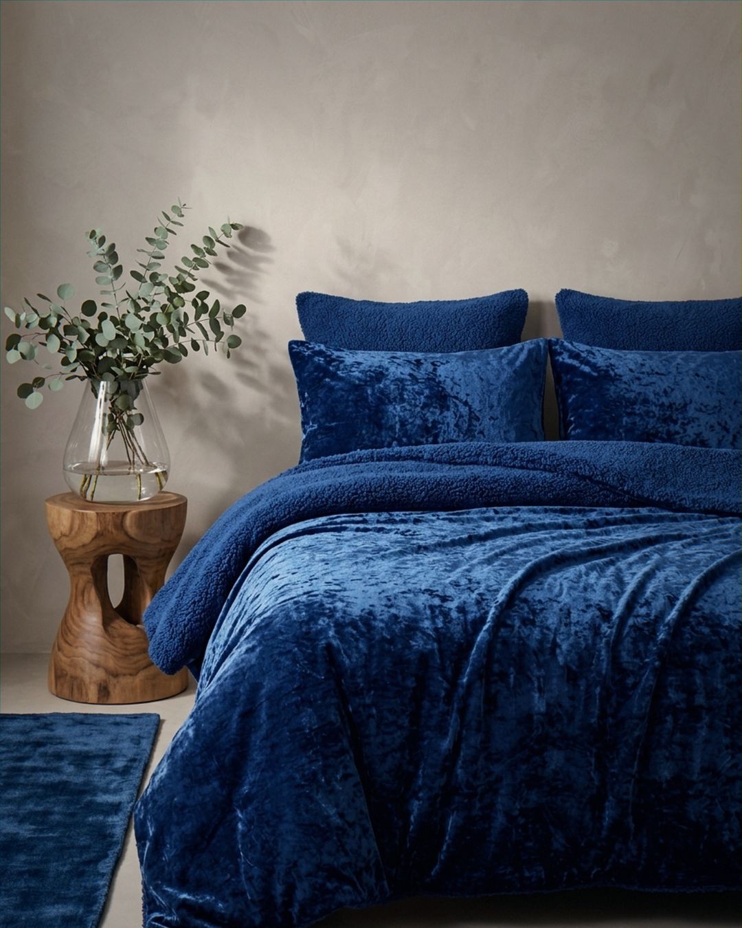 Morgan and Reid Navy Velvet Crushed Snuggle Fleece European Pillowcase Pair on bed with coordinating bedding