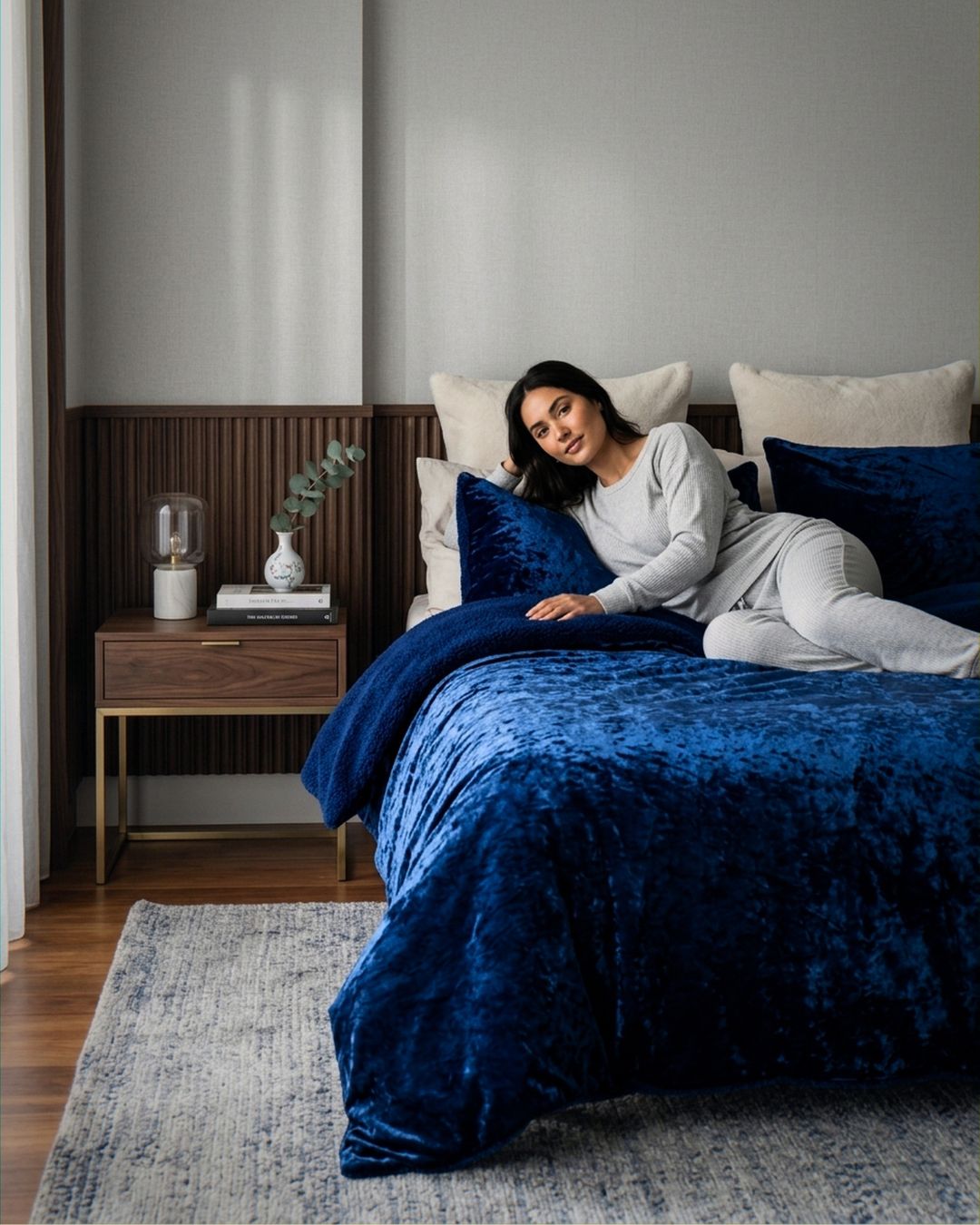Morgan and Reid Navy Velvet Crushed Snuggle Fleece Comforter Set folded to show depth and plush texture